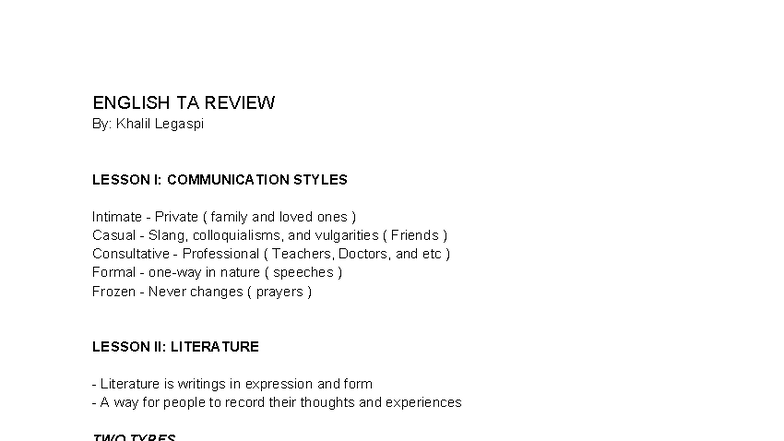 ENGLISH TA REVIEW: COMMUNICATION STYLES & LITERATURE LESSONS - Studeersnel