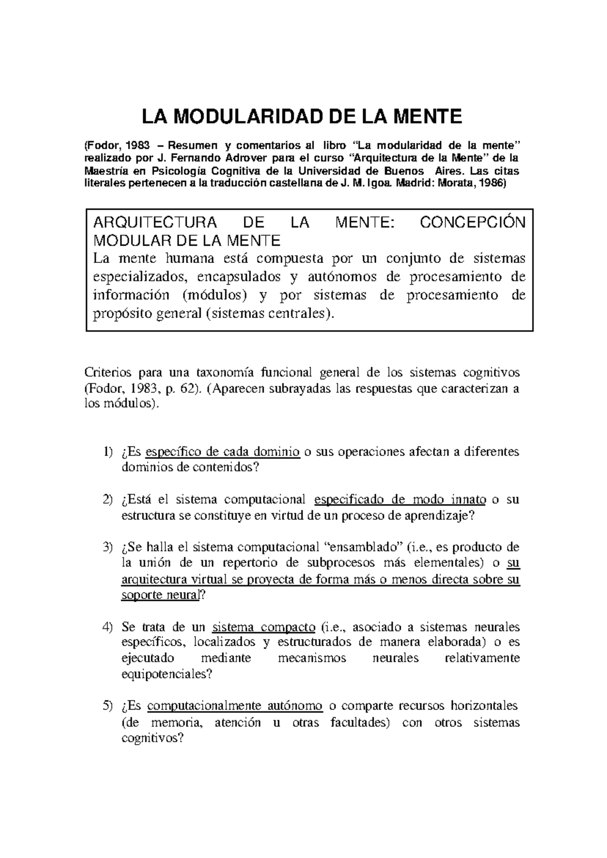 Resumen sobre la Modularidad de la Mente (Fodor, 1983) - Maestría en ...