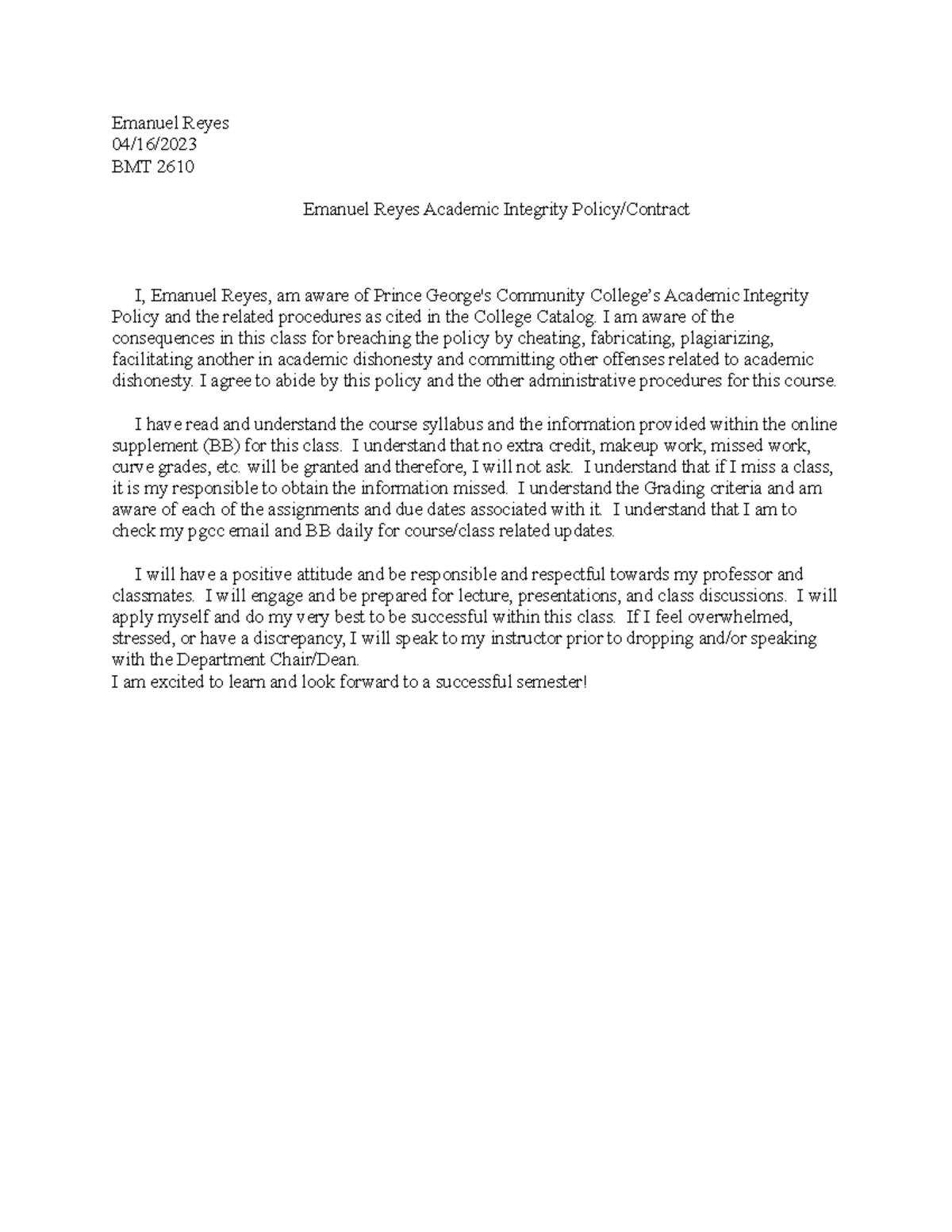 BMT 2610 Academic Integrity Policy & Contract by Emanuel Reyes - Studocu