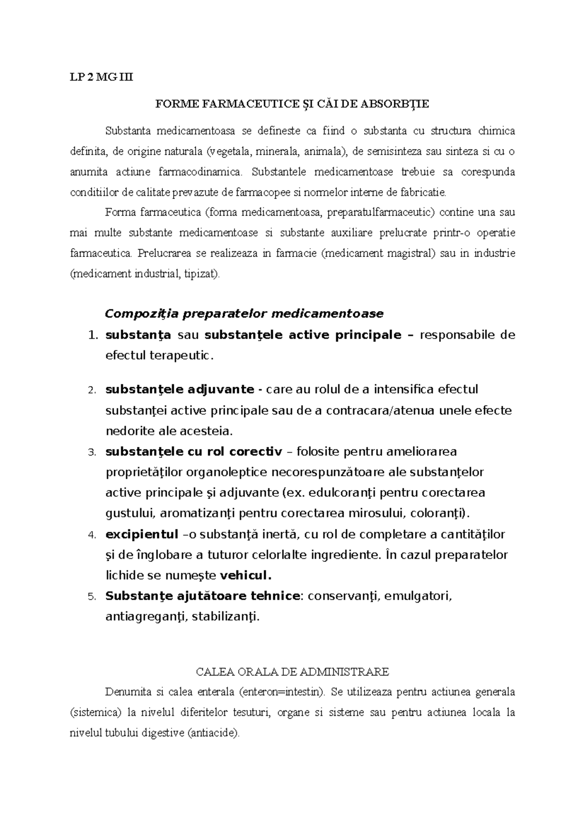 LP 2 MG3 - Forme Farmaceutice și Căi de Absorbție - Studocu