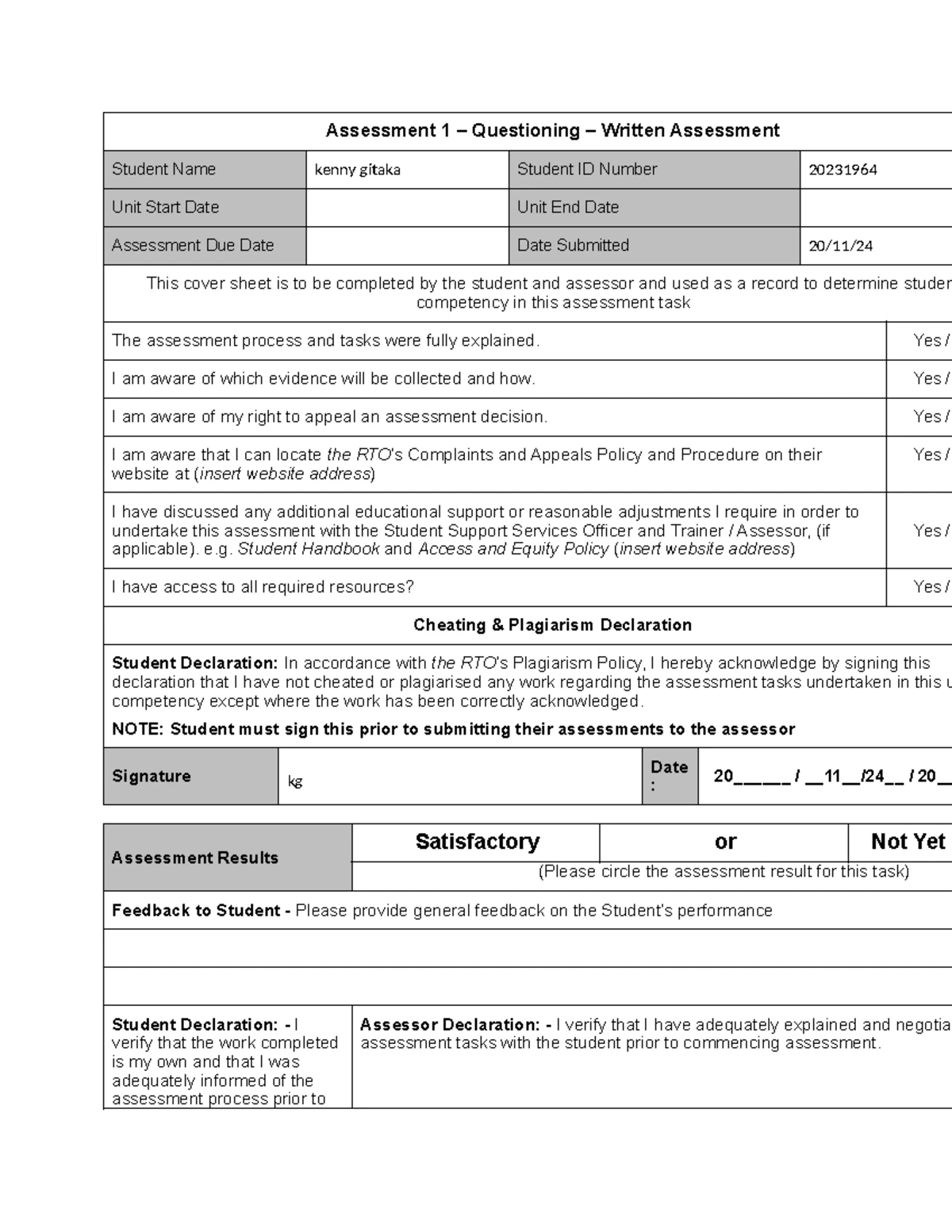 Assessment 1: Student Written Knowledge Assessment AURETR124 V1 - Studocu