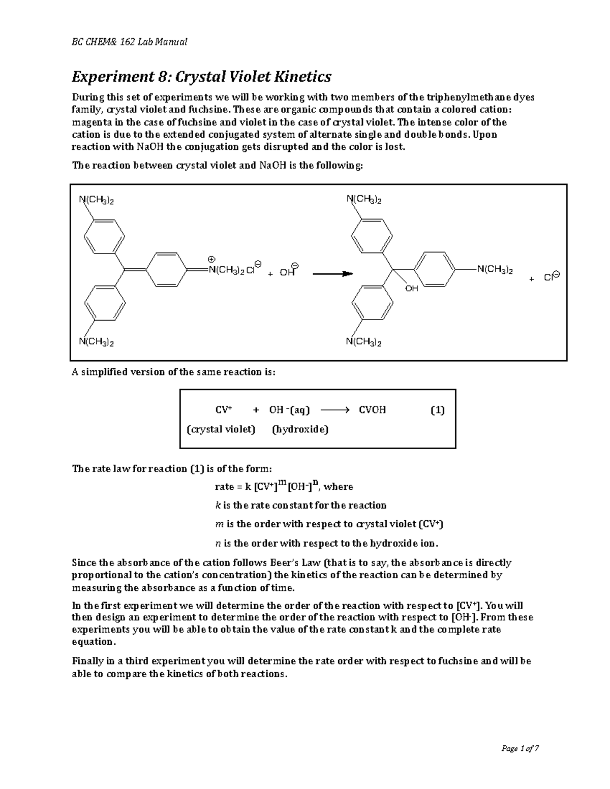 BC 162 Lab Manual: Experiment 8 - Kinetics of Crystal Violet Reaction ...