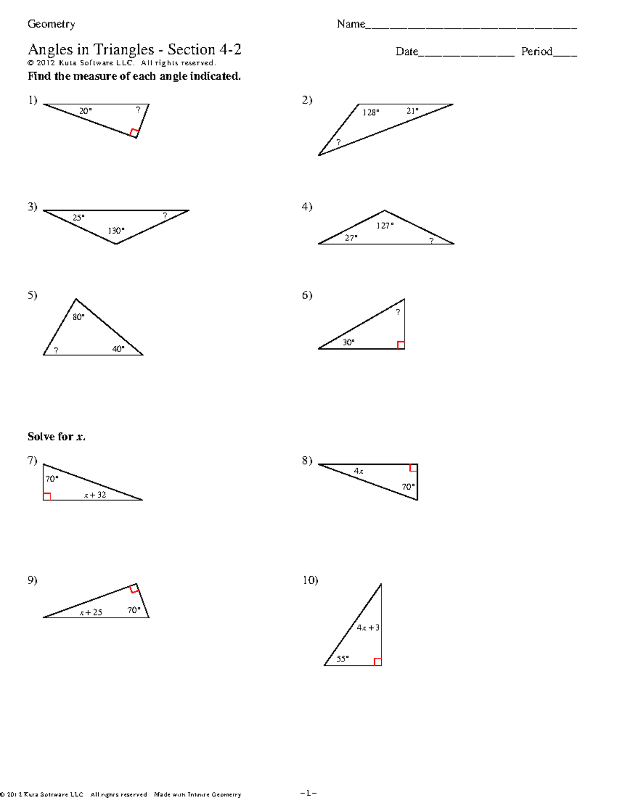 Geometry Worksheet: Finding Missing Angles in Triangles (Section ...