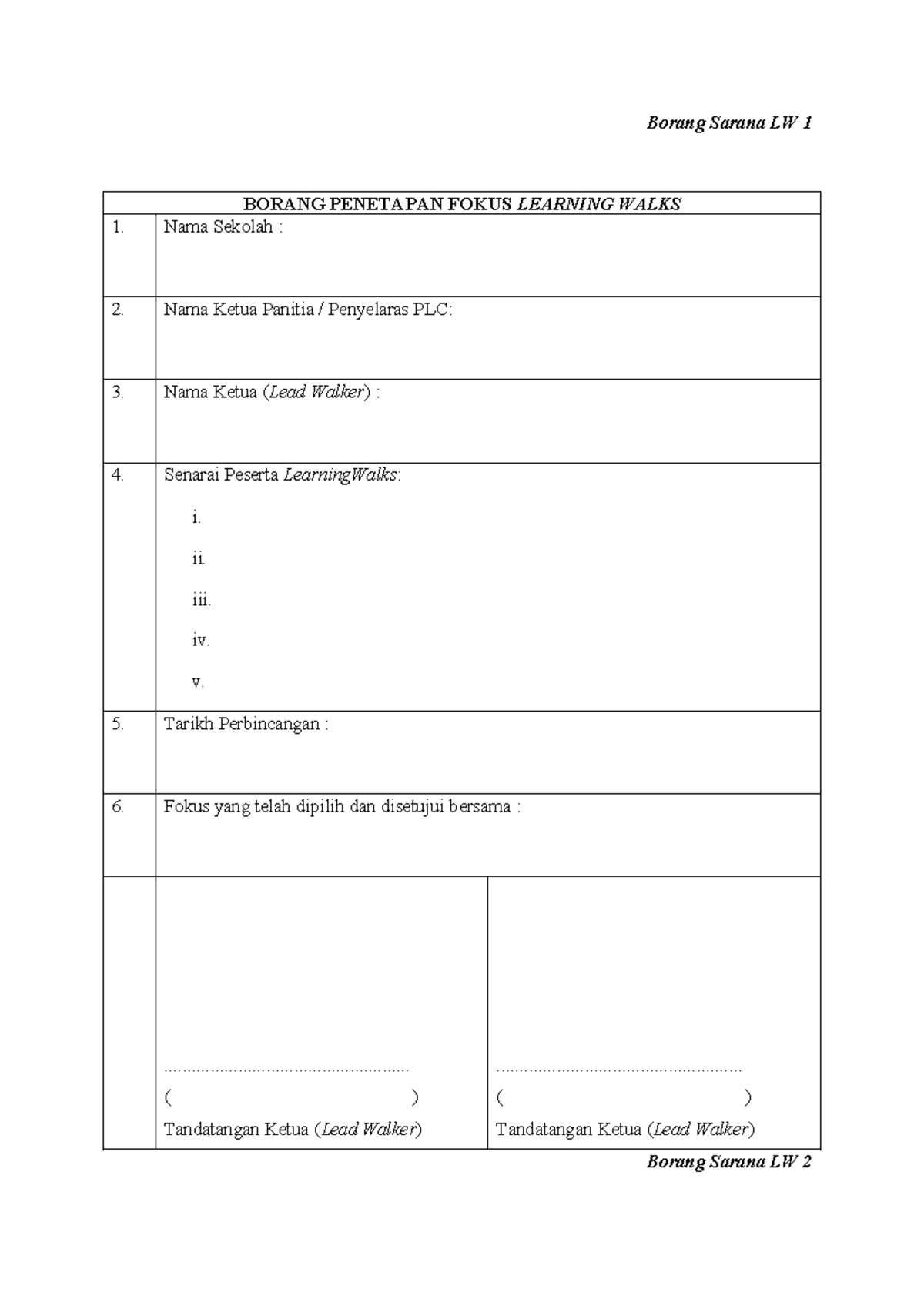 Borang Penetapan dan Pemerhatian Learning Walks - PLC Form - Studocu