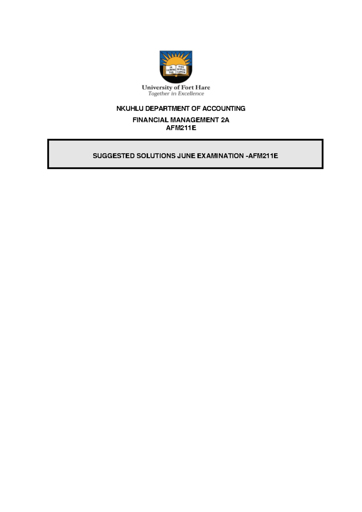 AFM211E Financial Management 2A June Exam Suggested Solutions 2024 ...