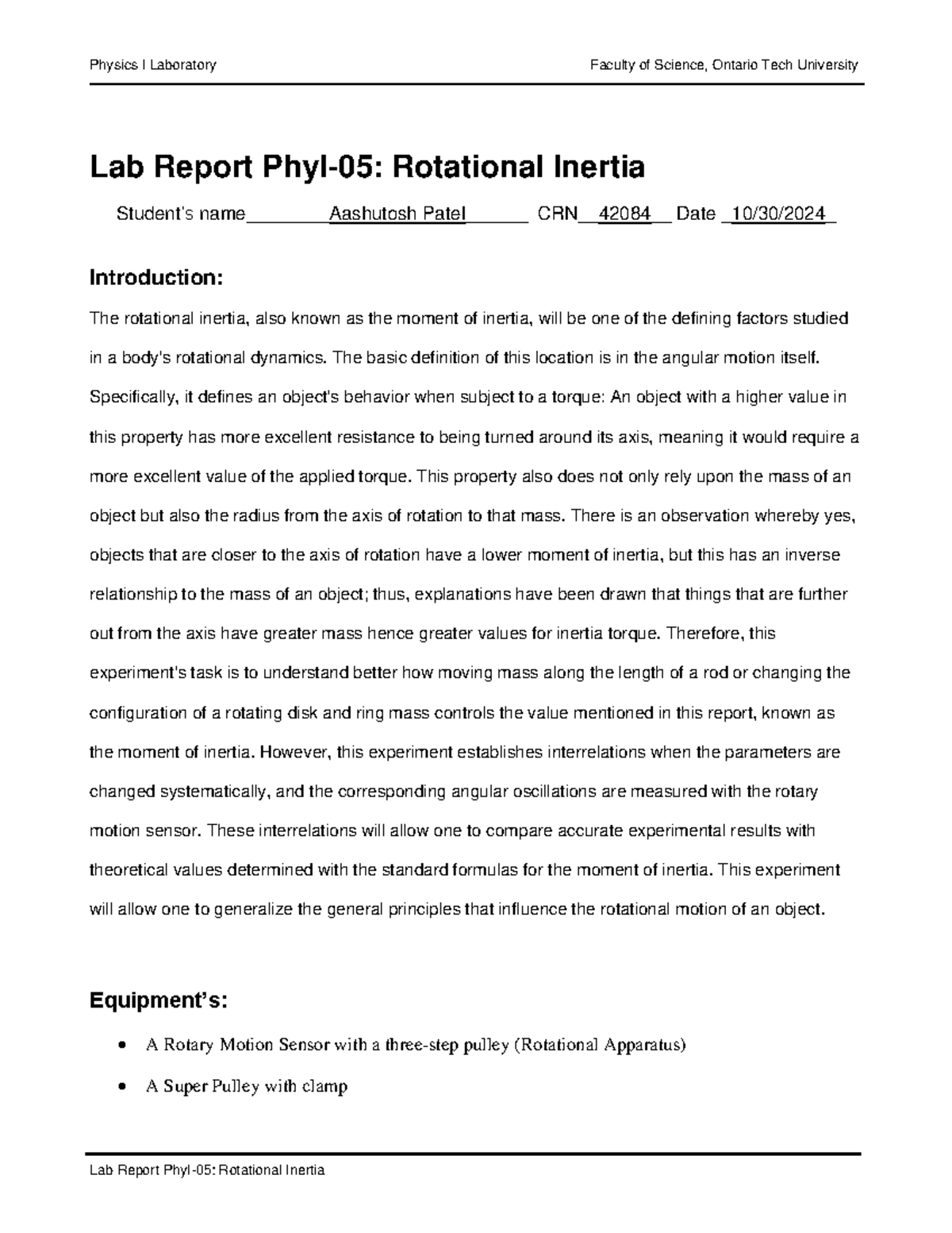 Physics I Lab Report: Investigating Rotational Inertia (CRN 42084 ...