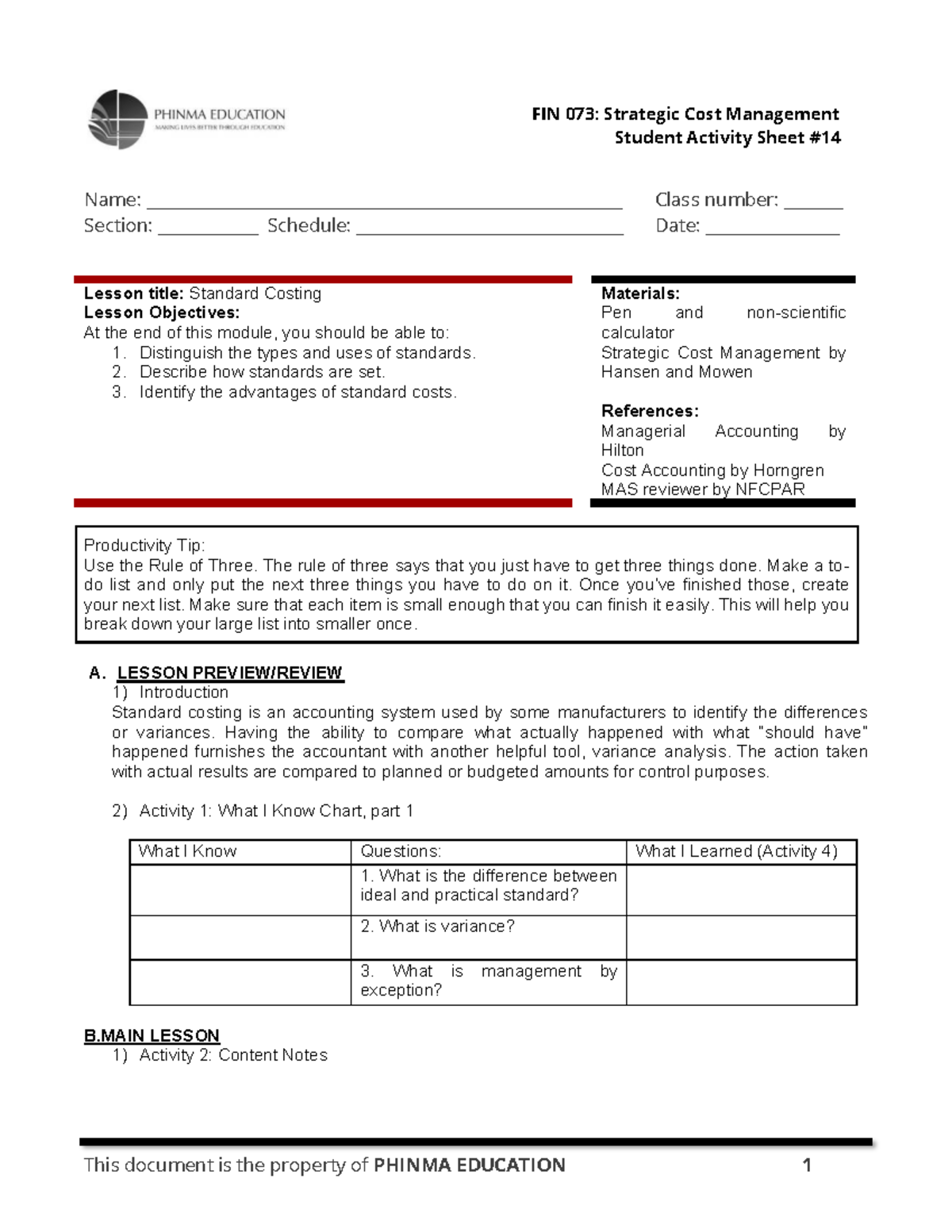FIN 073: Strategic Cost Management - Standard Costing Lesson Notes ...