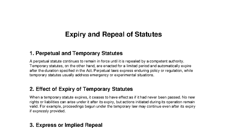 Expiry and Repeal of Statutes: Perpetual vs Temporary Laws - Studocu