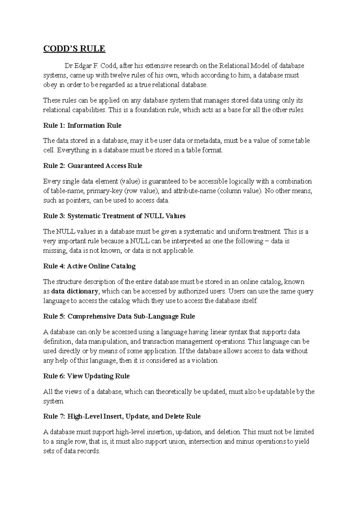 CODD'S Rule - Brief Notes on Relational Database Principles - Studocu