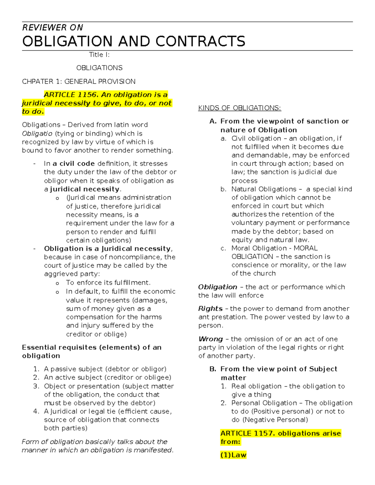 REVIEWER ON OBLIGATION AND CONTRACTS (LAW 101): GENERAL PROVISIONS ...