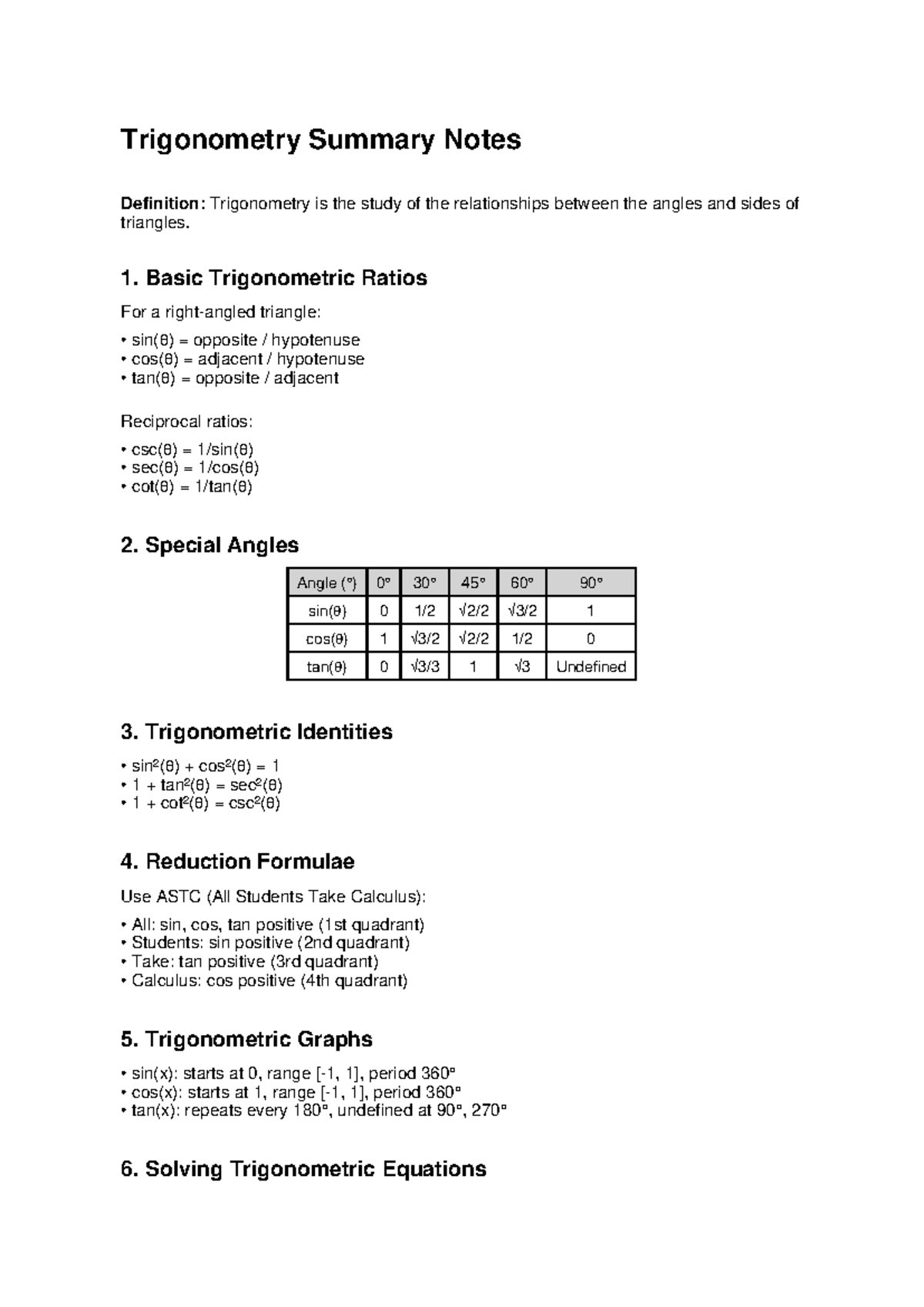 Trigonometry Notes Summary: Key Concepts & Ratios - Studocu