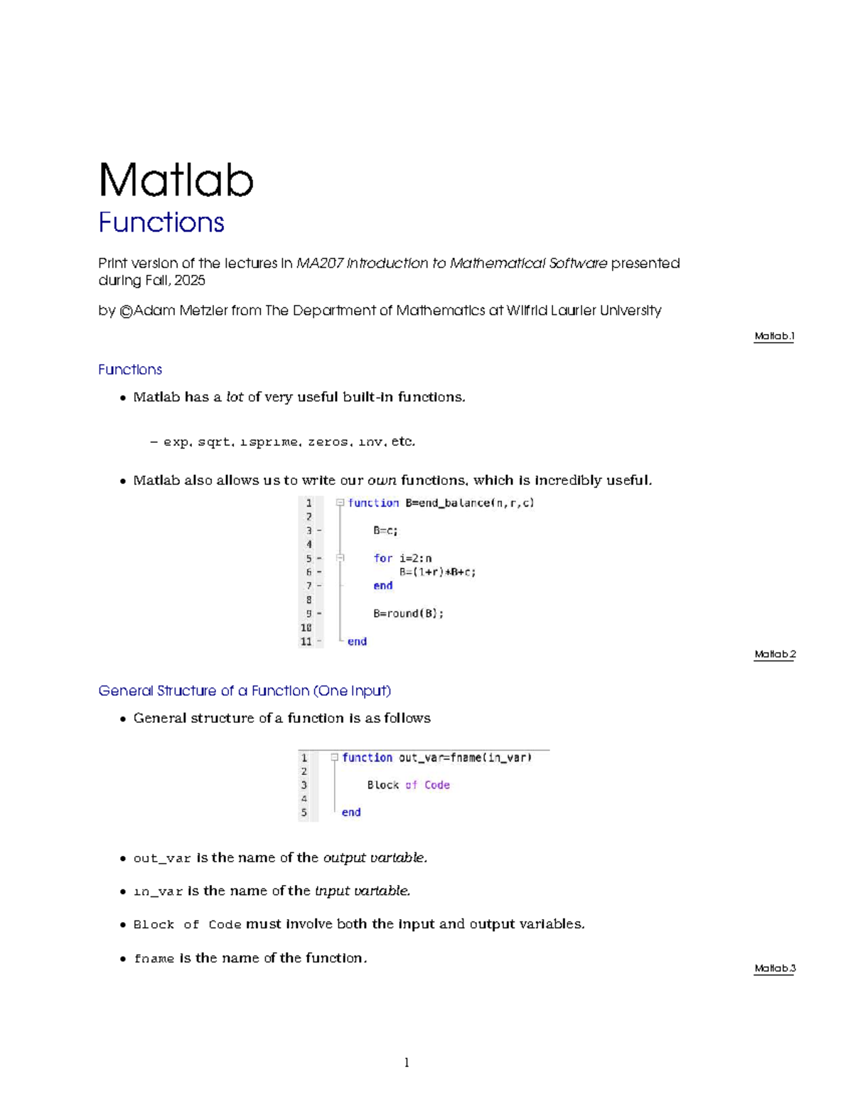 MA207 Functions Notes: Exploring Matlab Functionality and Exercises ...
