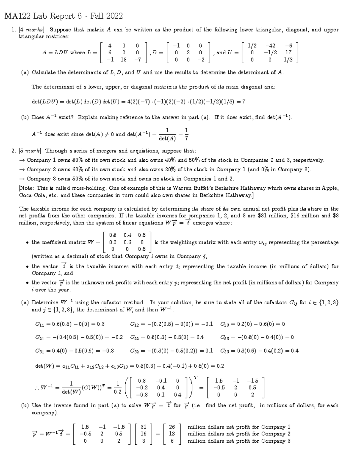 Lab Report MA122: LDU Decomposition & Company Taxable Income Analysis ...
