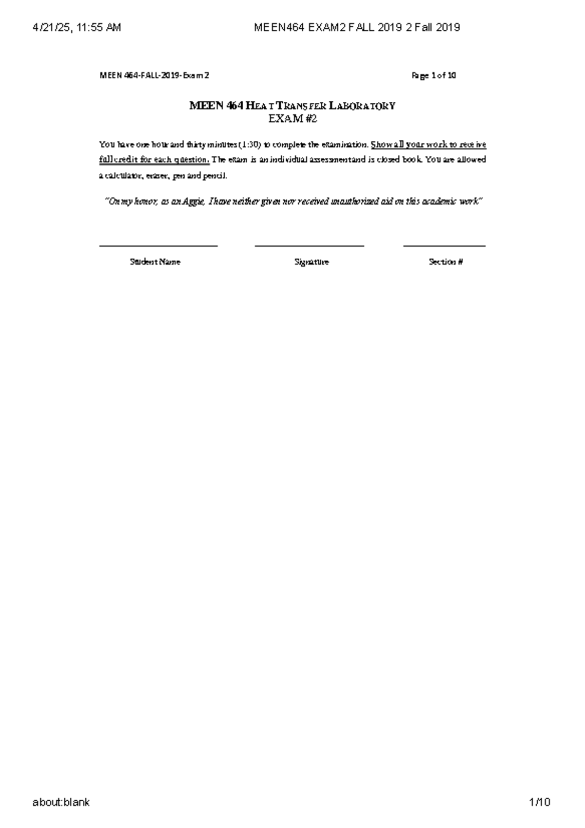MEEN464 Heat Transfer Lab Exam 2 - Fall 2019 - Studocu