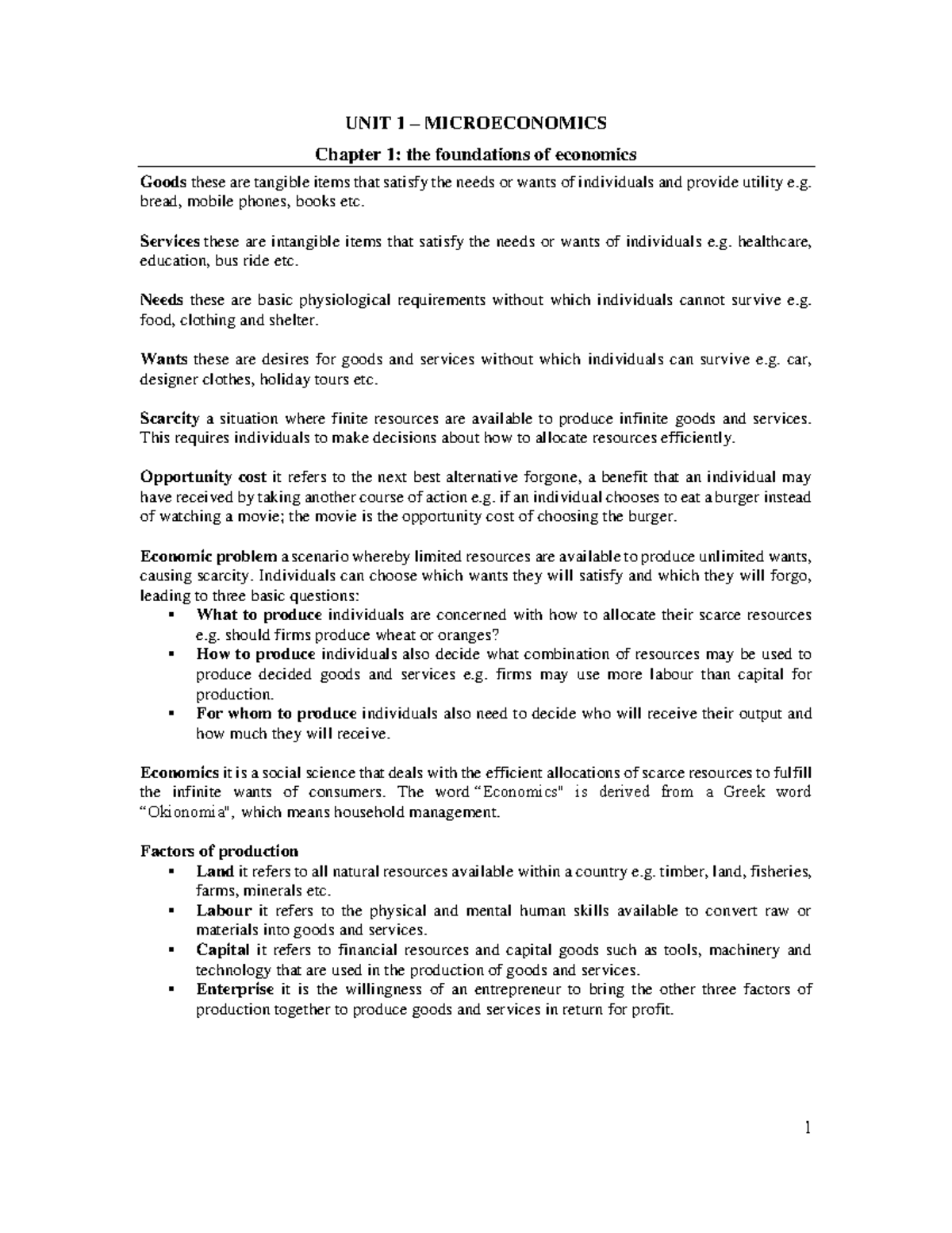 Complete notes - UNIT 1 – MICROECONOMICS Chapter 1: the foundations of ...