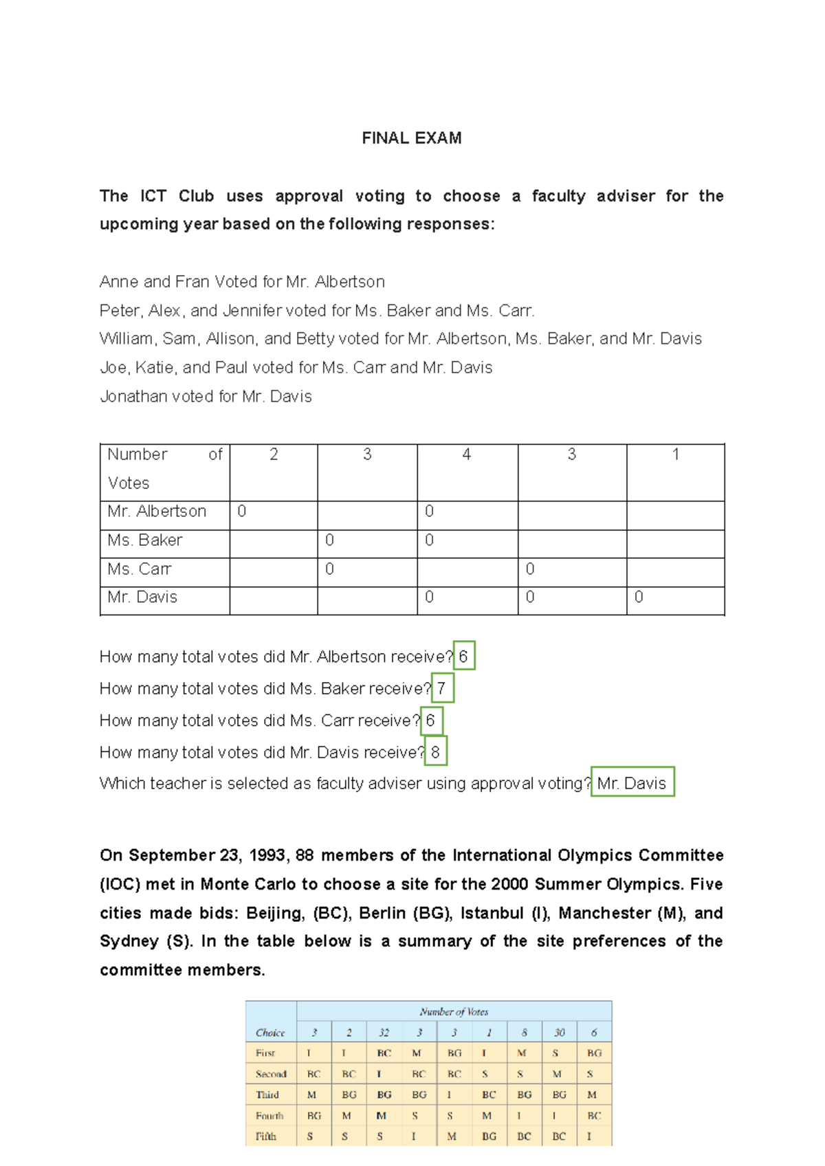MMW Final EXAM - Analysis of Approval Voting in Faculty Selection - Studocu