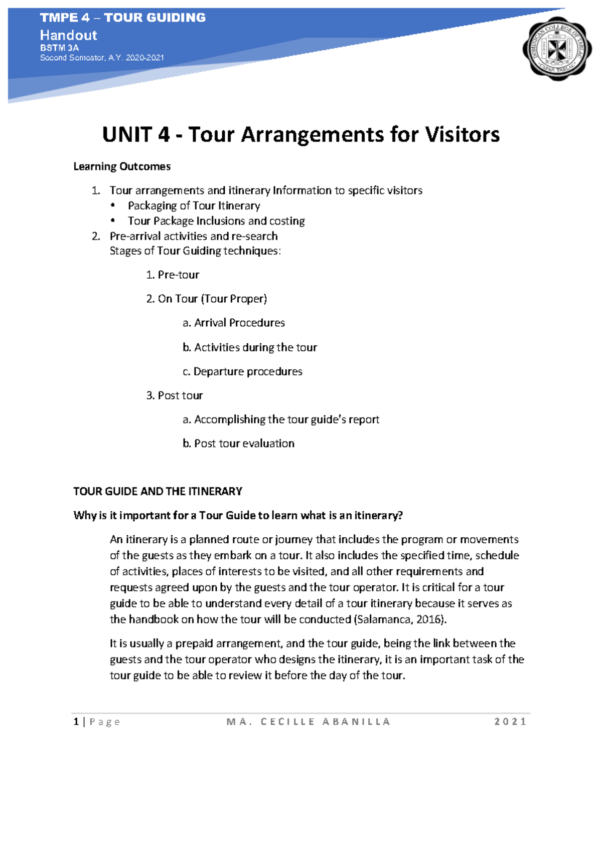 Finals Tour+Guiding+Unit+4 - Handout BSTM 3A Second Semester, A. 2020 ...