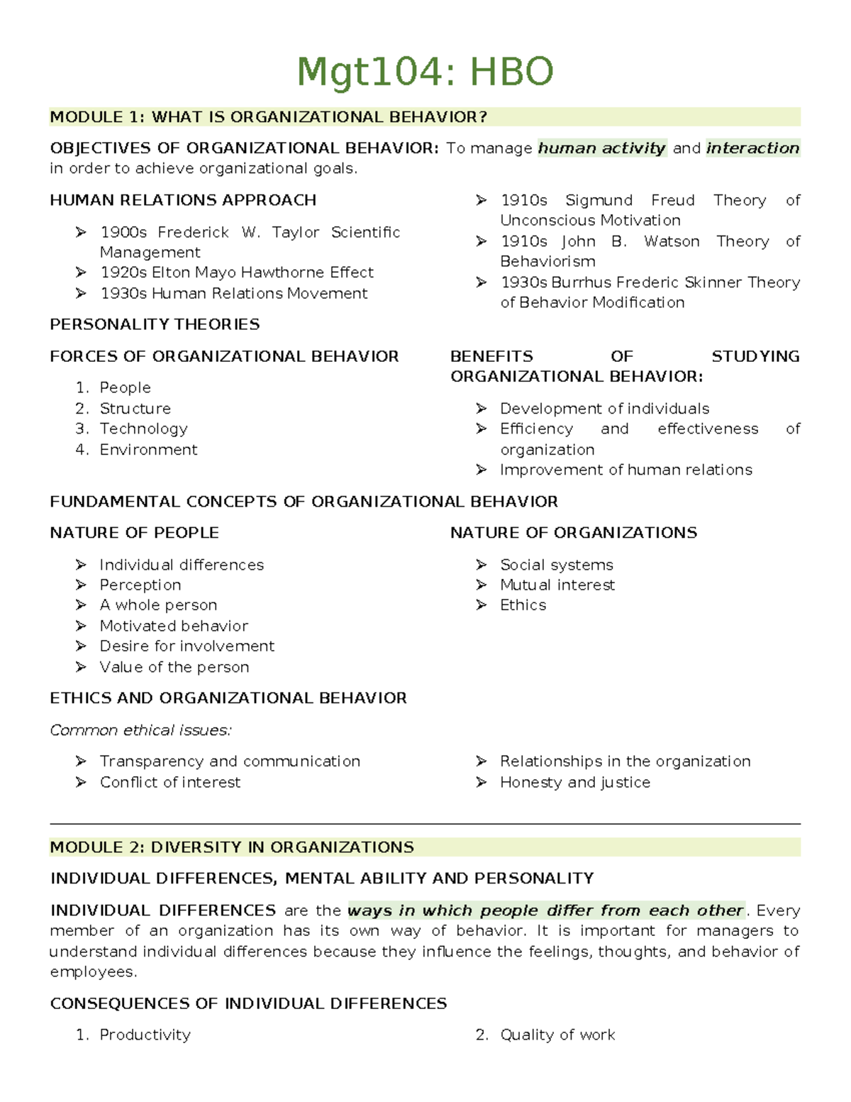 MGT104 Midterm Study Notes - Organizational Behavior Insights - Studocu