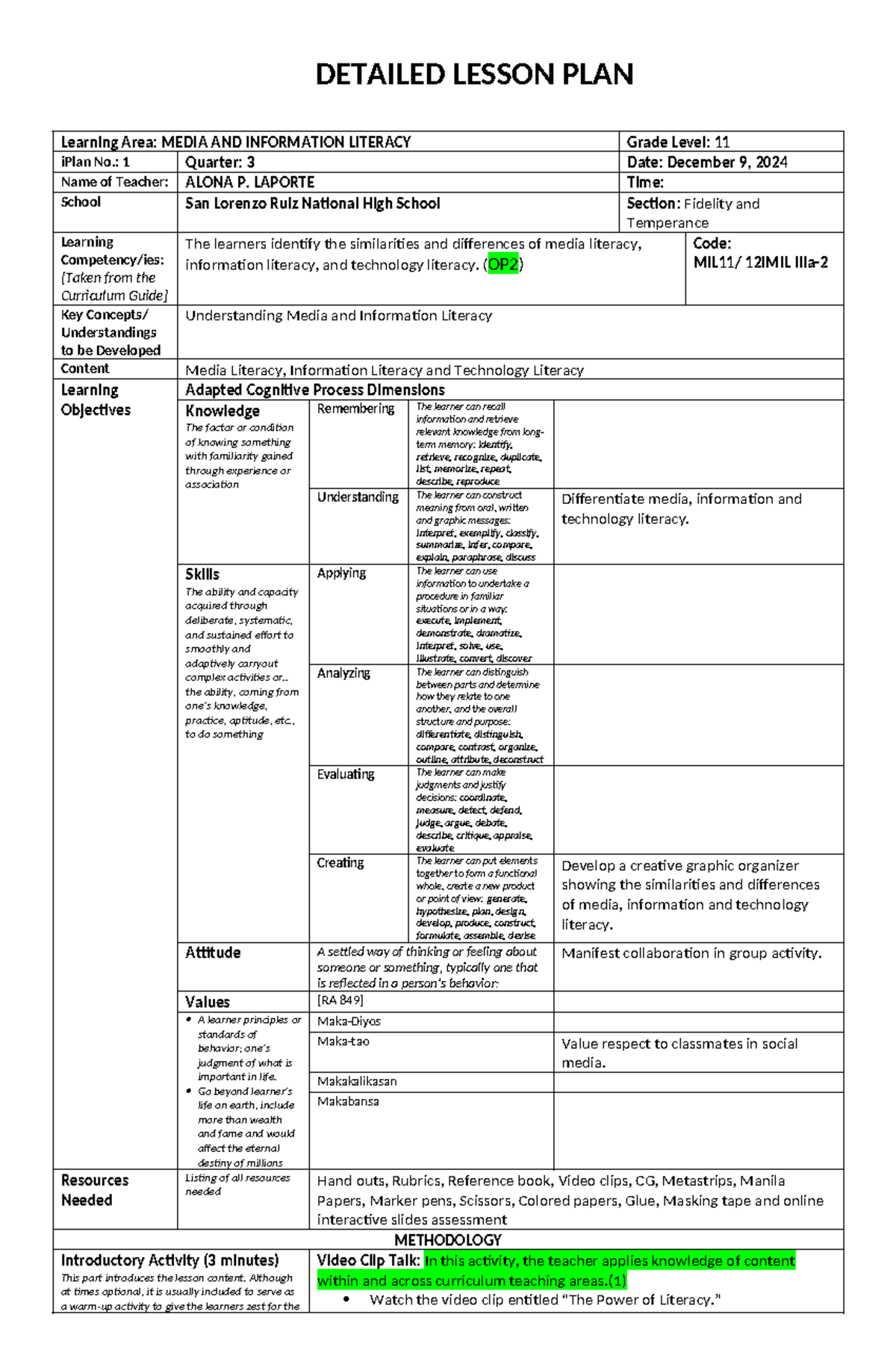 MIL 12IMIL Detailed Lesson Plan: Media & Information Literacy (Quarter ...