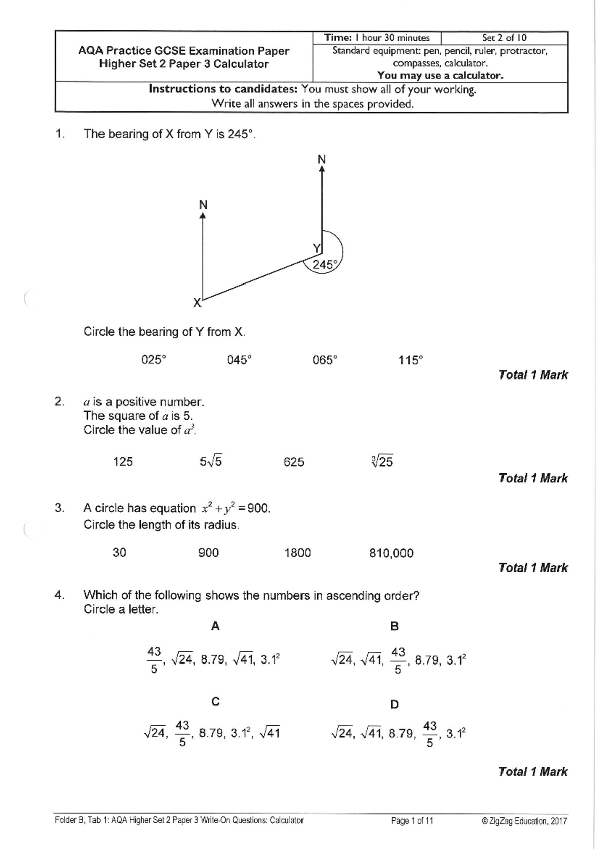 AQA GCSE Higher Set 2 Paper 3 Practice Exam Questions (Calculator ...