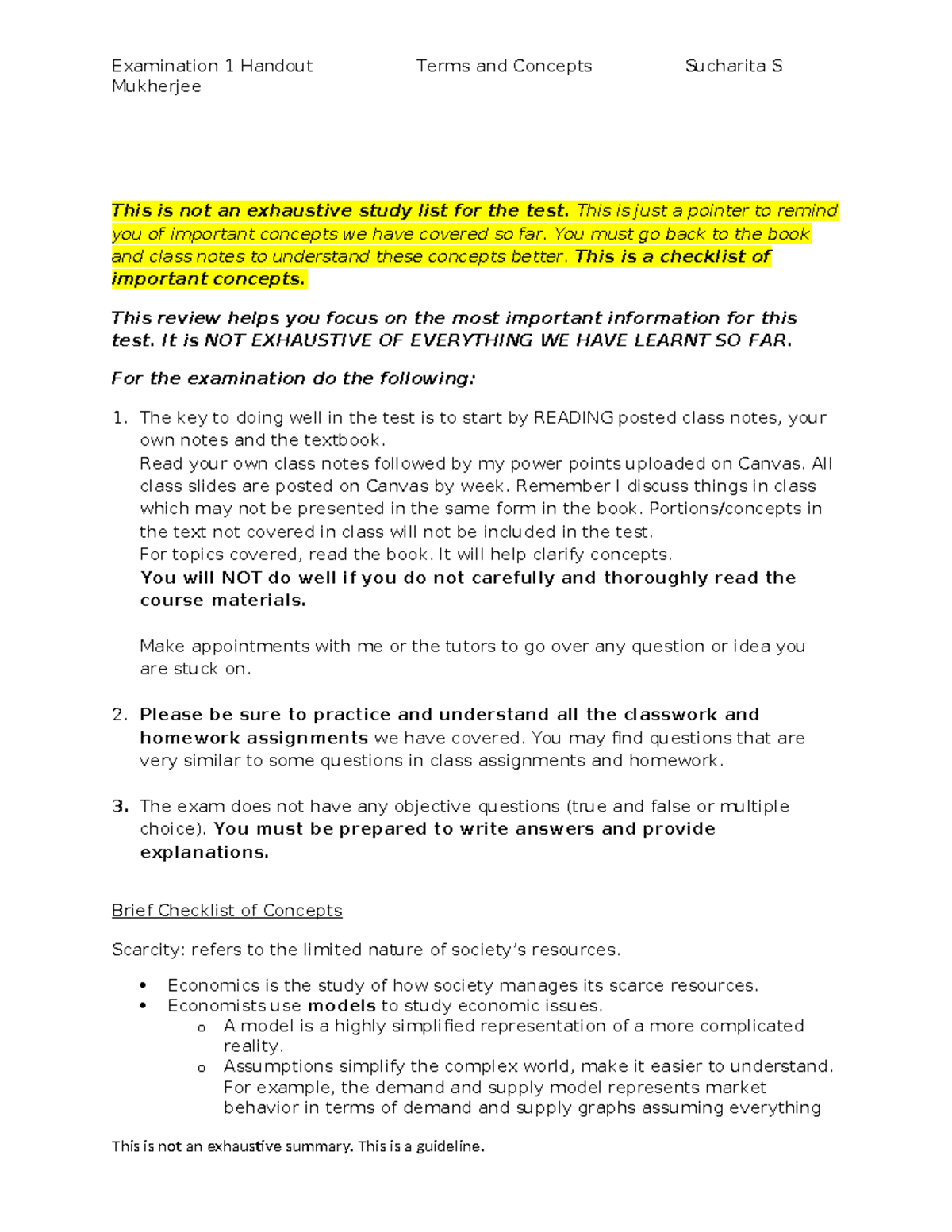 Economic Concepts Review for Examination 1 (ECON101) - Studocu