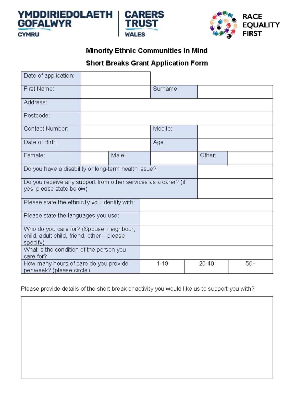 CSF Short Breaks Grant Application Form for Minority Ethnic Communities ...