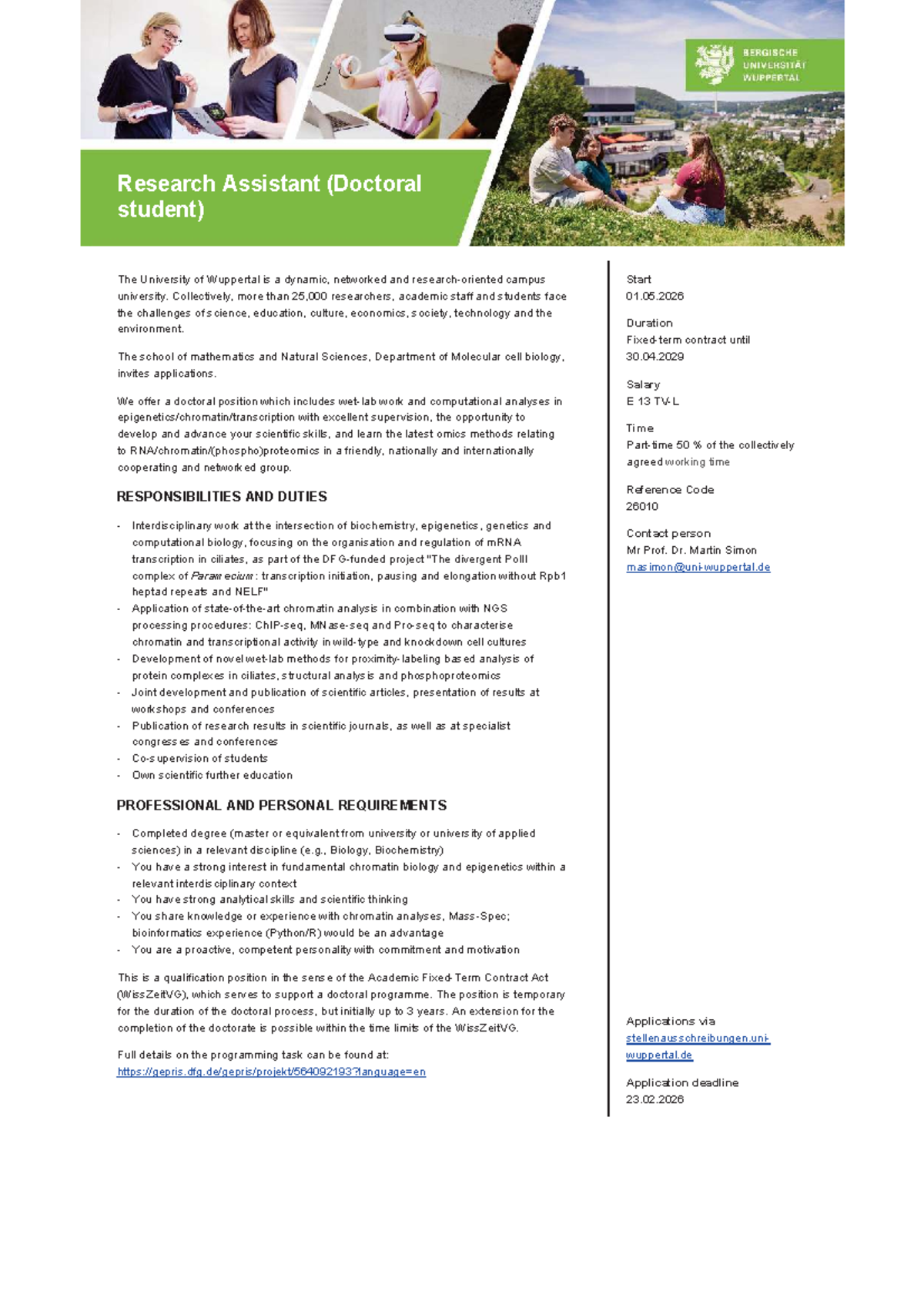 St26010 3 - Doctoral Research Assistant Position at Wuppertal - Studocu