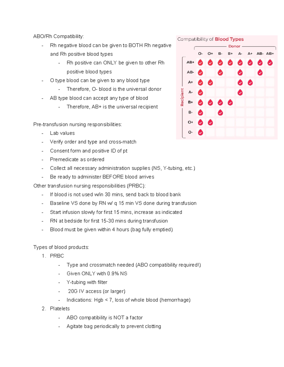Blood Products (Admin, RXNs) - ABO/Rh Compatibility: - Rh negative ...