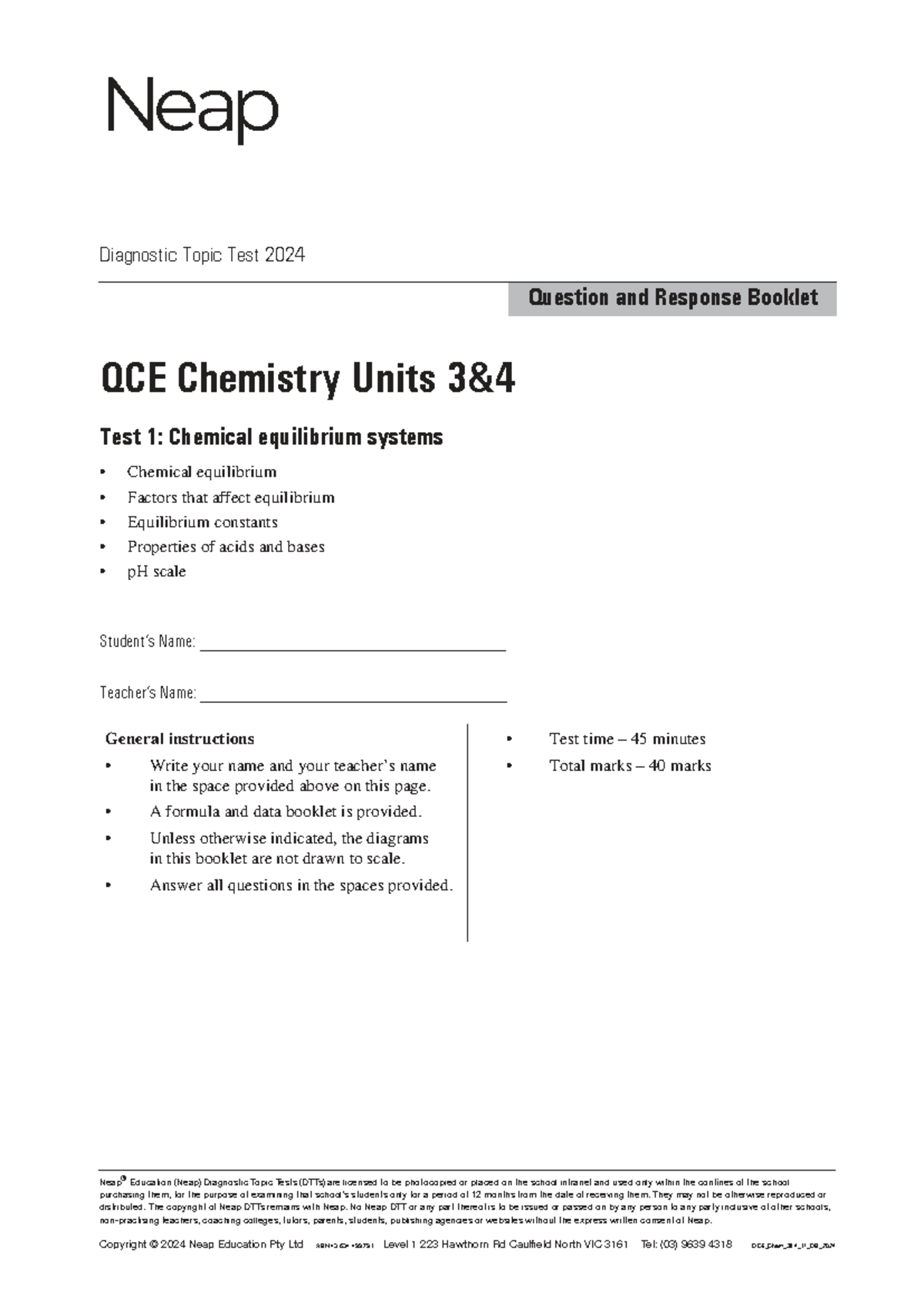 Test 1 QCE Chemistry Units 3&4 Diagnostic Topic Test 2024 - Studocu