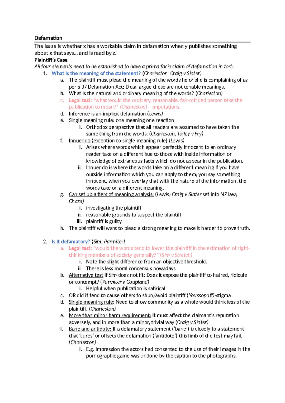 LAWS212 Tri 2 Defamation Cheat Sheet: Key Elements & Case Analysis ...