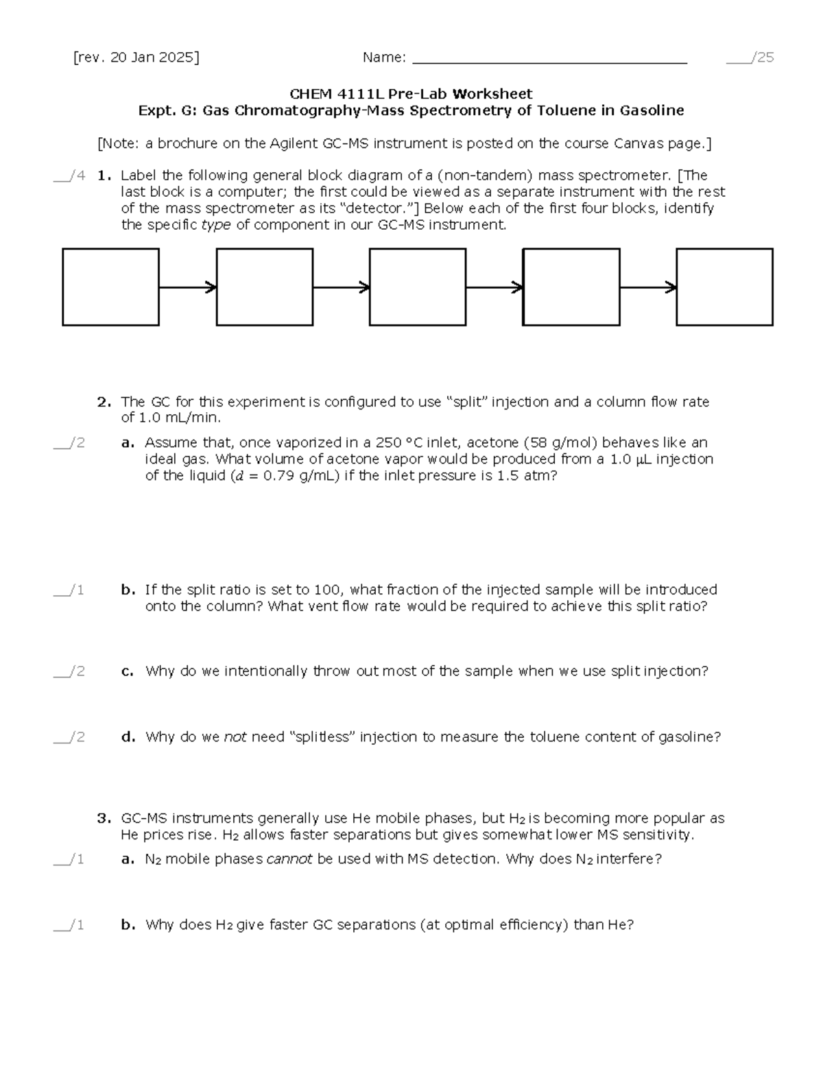 Exp G: GC-MS Prelab Worksheet S25 - Gas Spectrometry of Toluene - Studocu