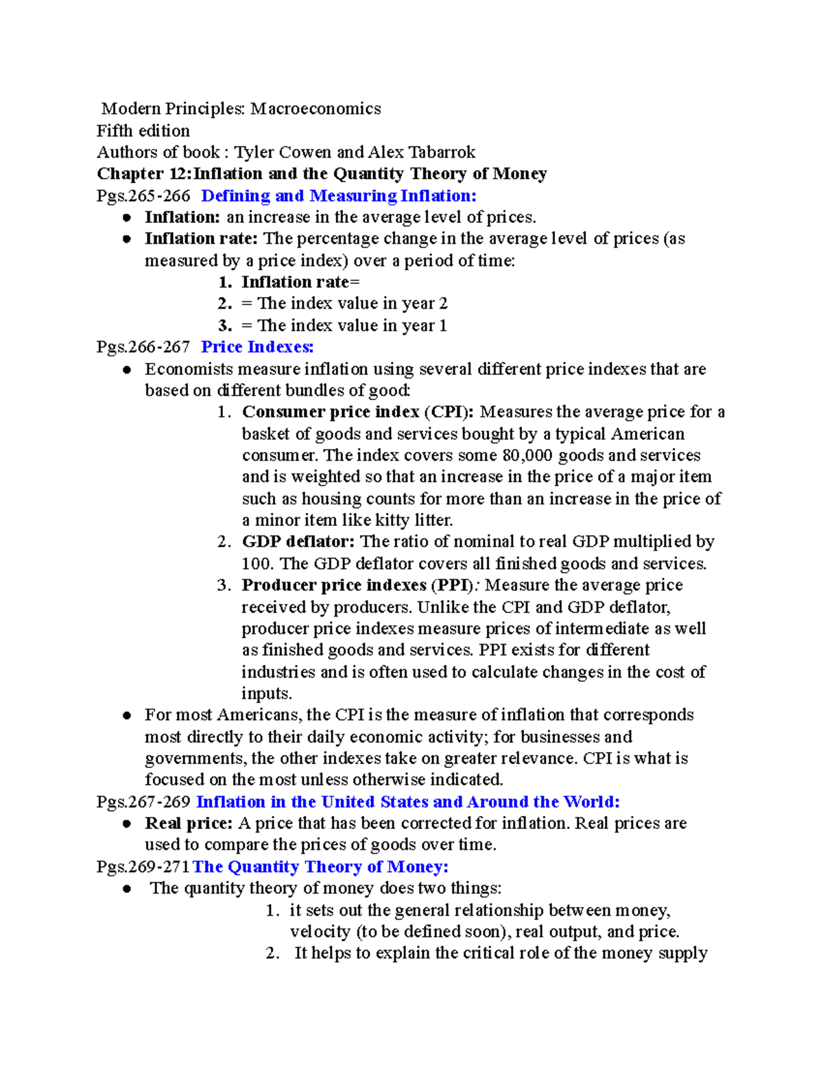 Chapter 12 Notes - Inflation & Quantity Theory in Macroeconomics - Studocu