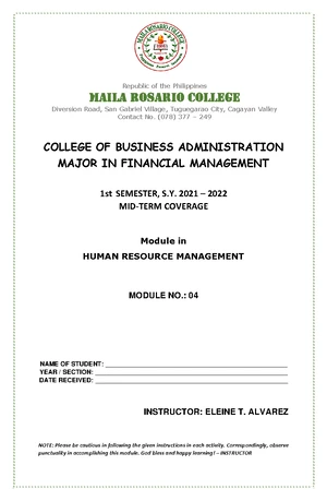 HRM module-1 - Module 1 - COLLEGE OF BUSINESS ADMINISTRATION MAJOR IN ...