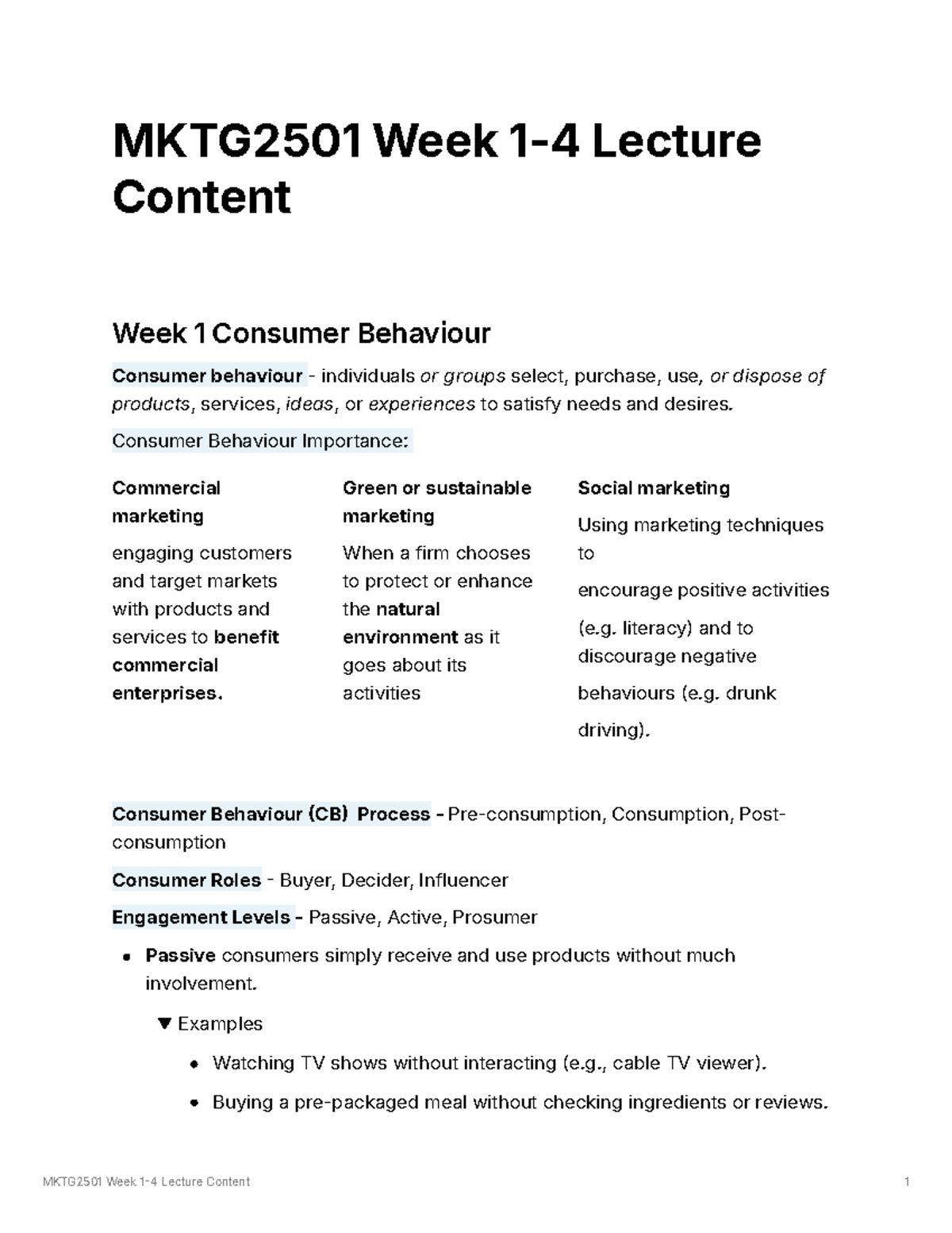 MKTG2501 Week 1-4 Lecture Notes on Consumer Behaviour Insights - Studocu