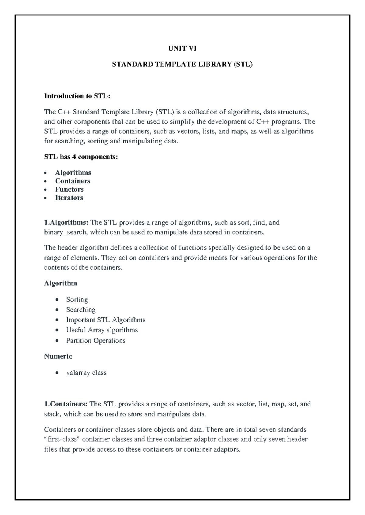 OOP 6 - Lecture Notes on Standard Template Library (STL) - Studocu