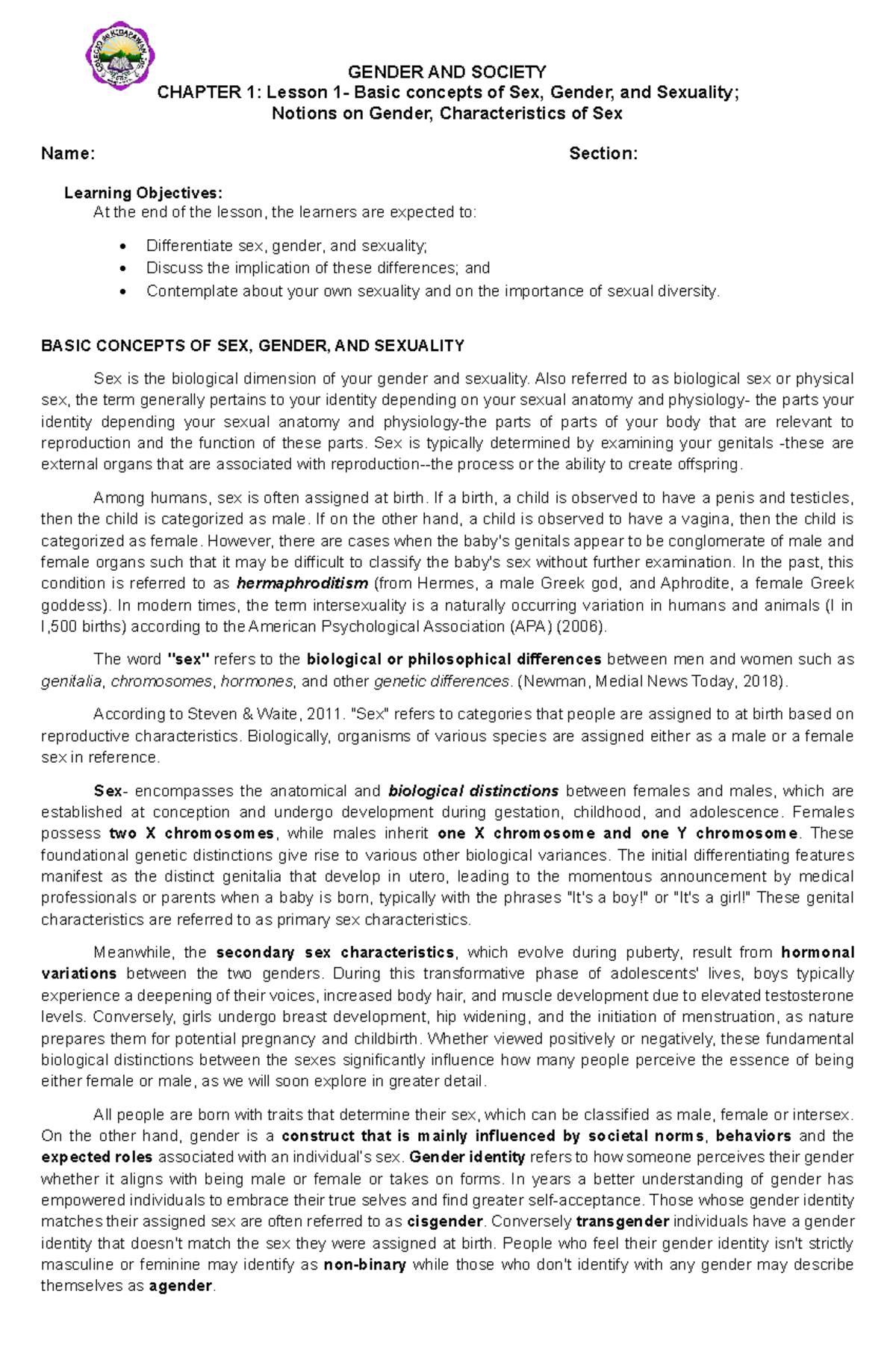 GENDER AND SOCIETY CHAPTER 1: Basic Concepts of Sex and Gender - Studocu