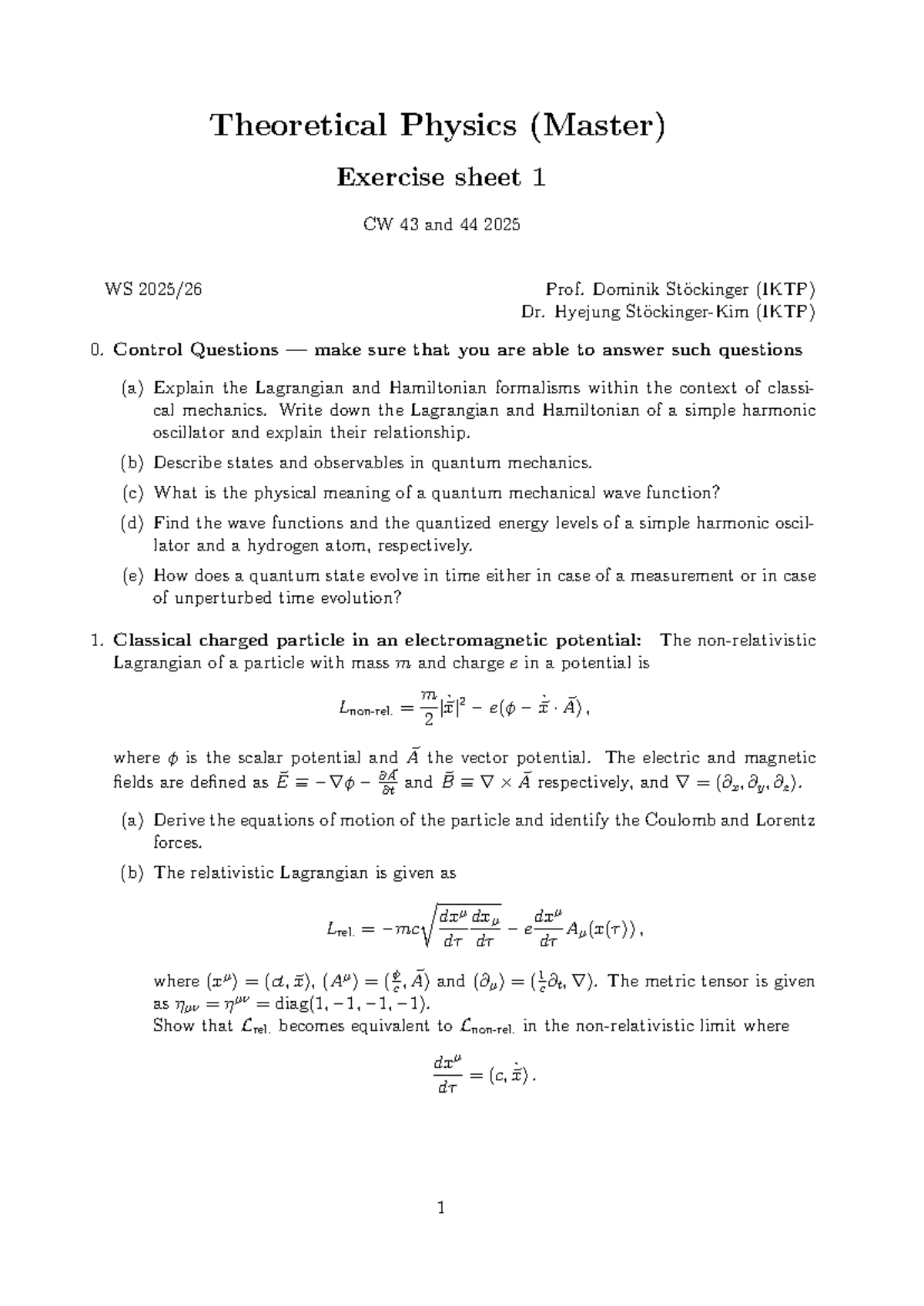Theoretical Physics (Master) Exercise Sheet 1: Control Questions ...