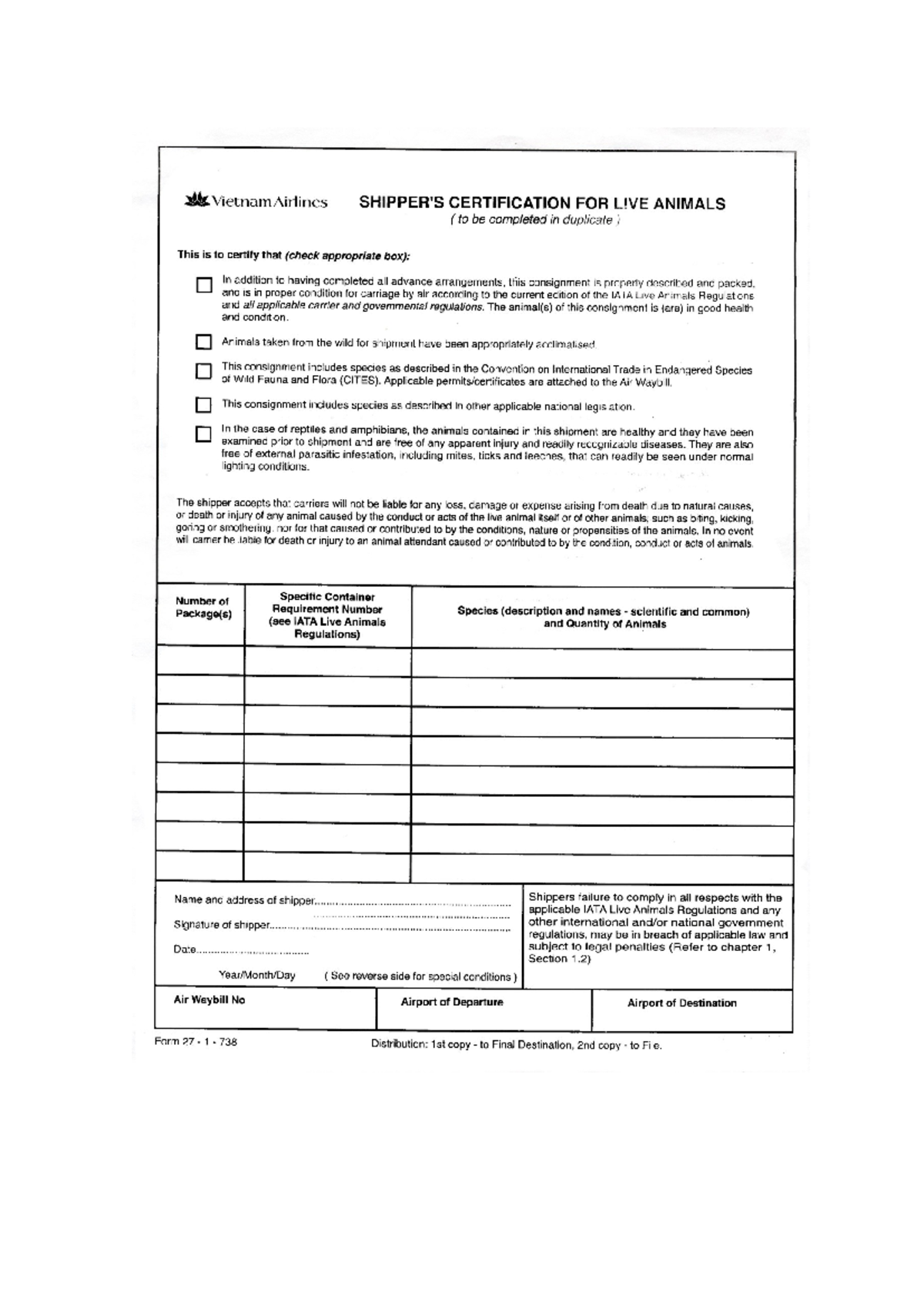 Vietnam Airlines Live Animals Certification Form EN - Studocu