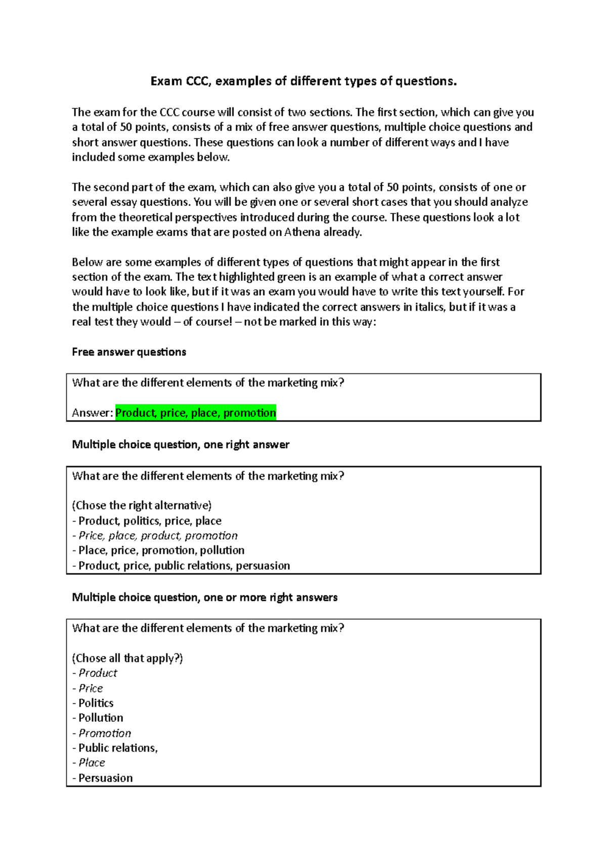 Exam CCC - examples of different types of questions - The exam for the ...