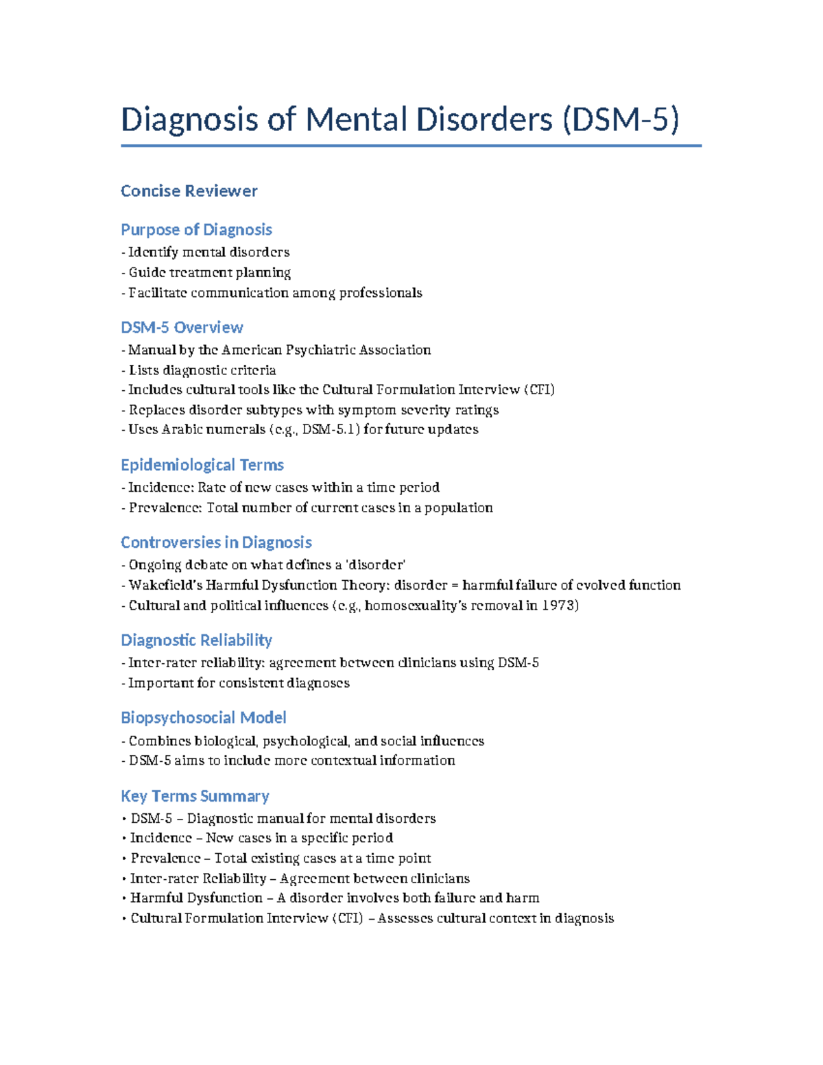 DSM-5 Reviewer and Worksheet: Diagnosis of Mental Disorders Guide - Studocu