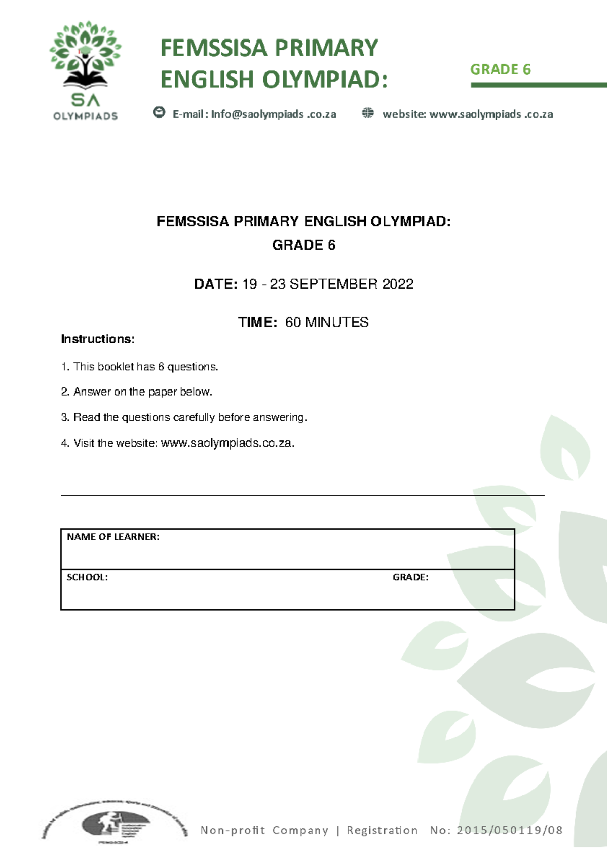 Grade 6 English Olympiad 2022: Question Paper & Instructions - Studocu
