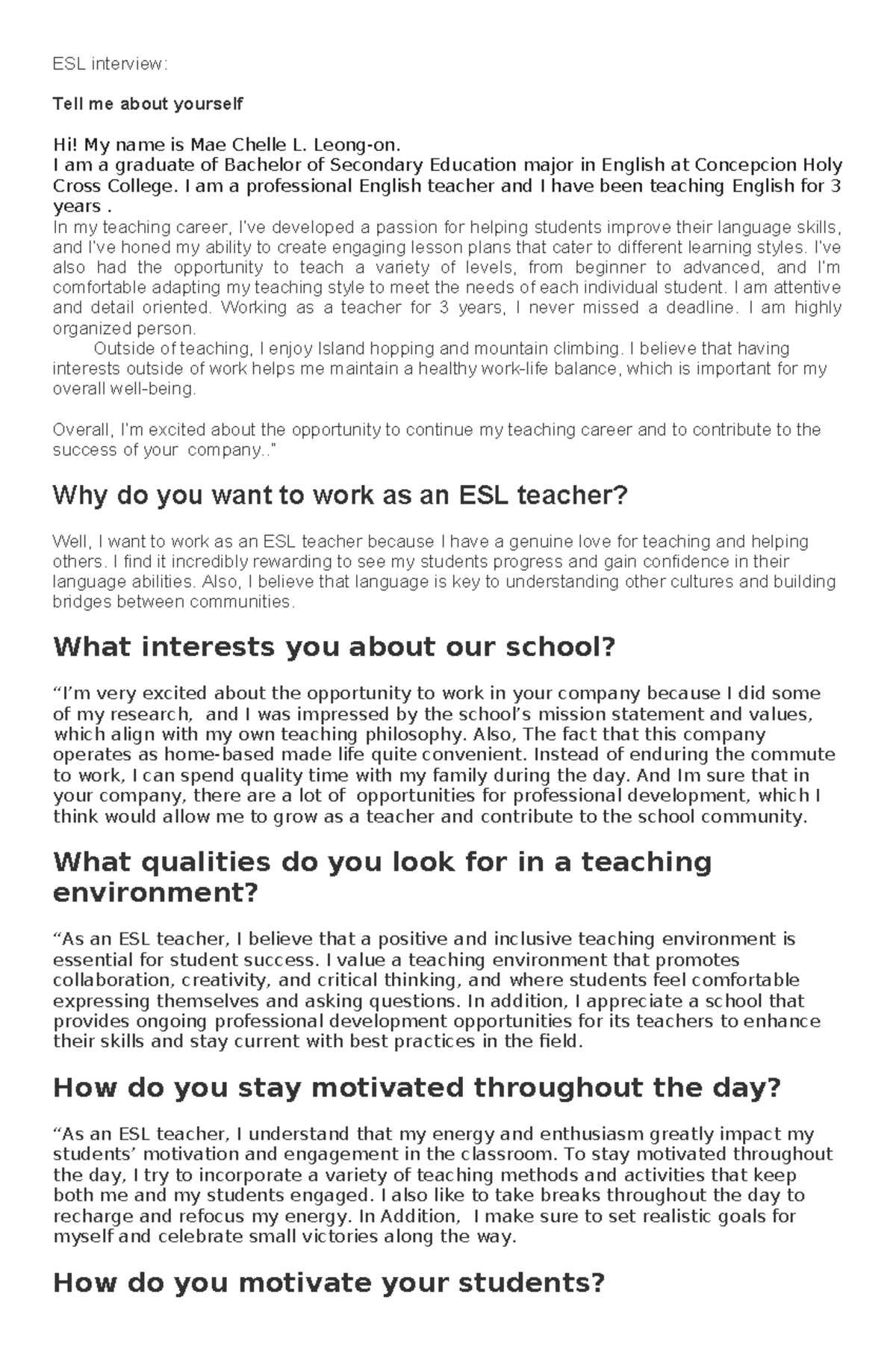 ESL Interview Guide: Tips for Success in Teaching Positions - Studocu