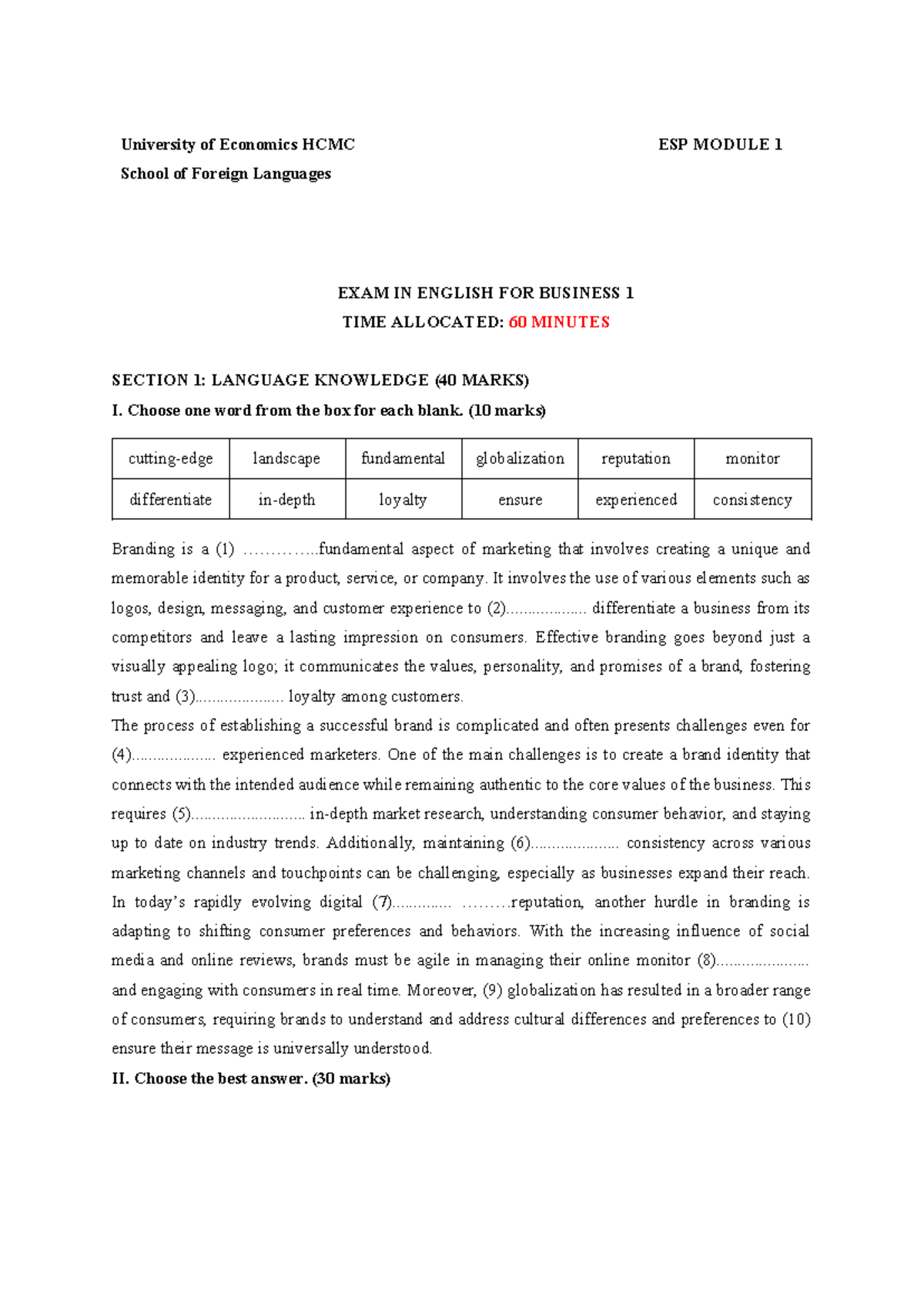 [NBN] ESP1 - English for Business - Module 1 Exam Sample - Studocu