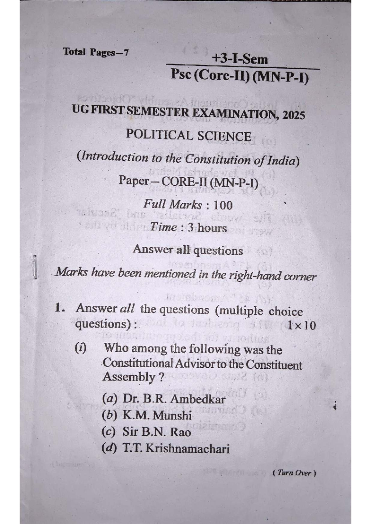 Psc UG 1st Sem Exam 2025: Intro to Indian Constitution Questions - Studocu