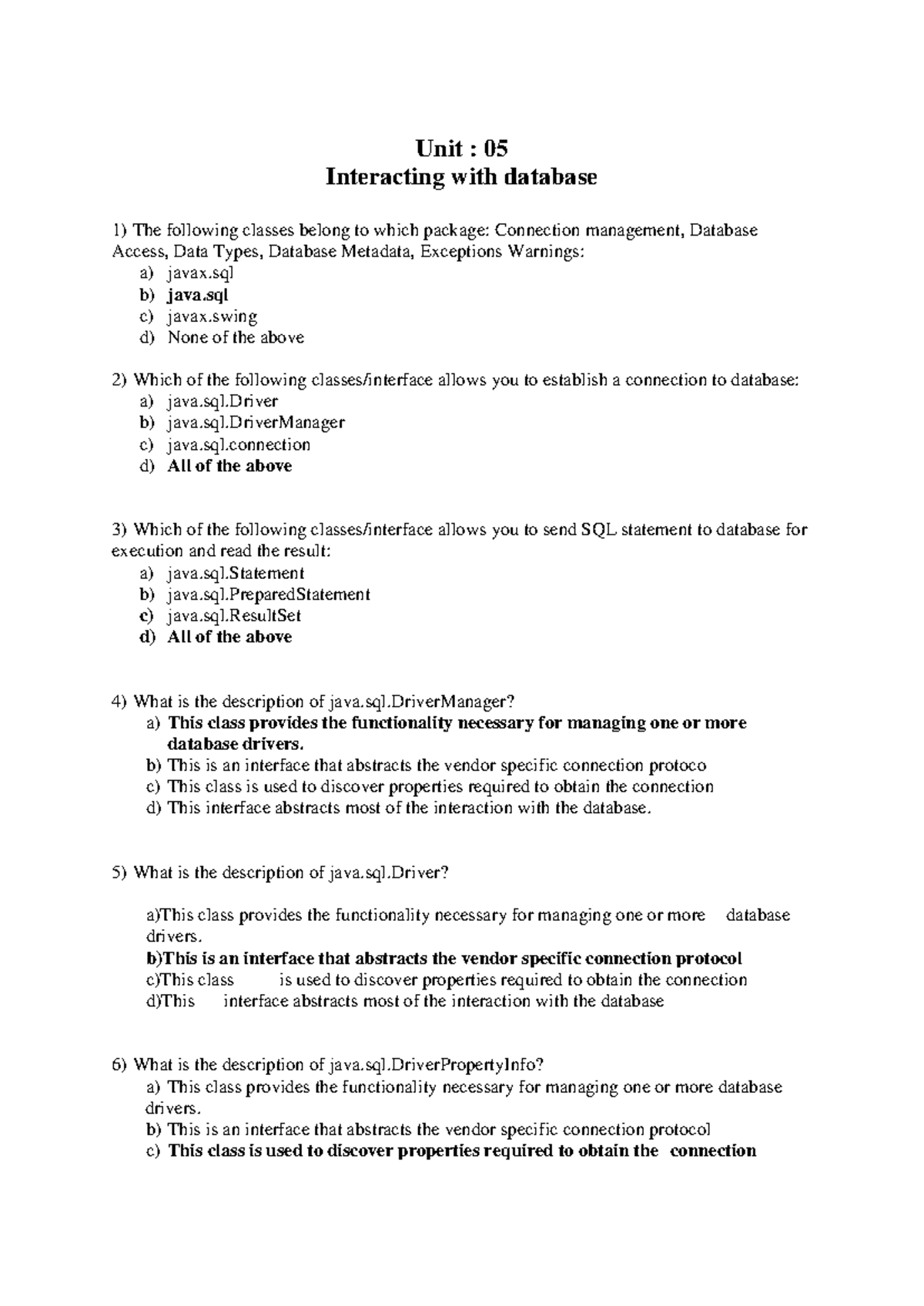 AJSP MCQ Notes: Interacting with Databases - Unit 05 - Studocu