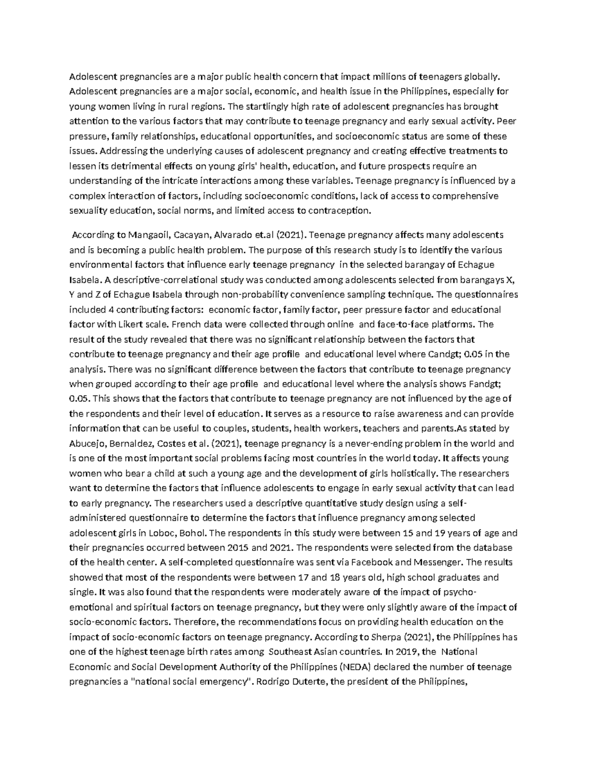 Factors Influencing Adolescent Pregnancy in the Philippines: A Study ...