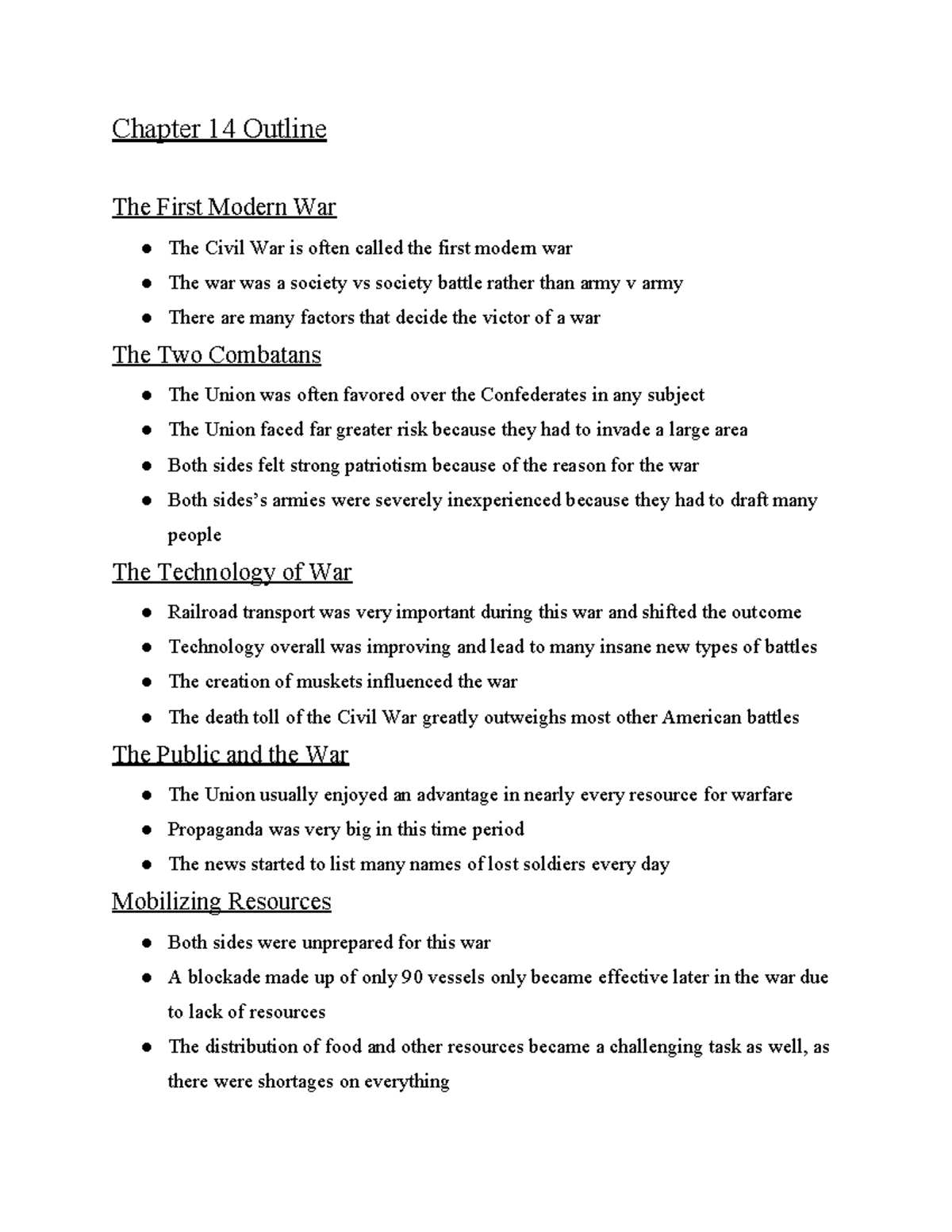 Chapter 14 Outline: The First Modern War - The Civil War Analysis - Studocu