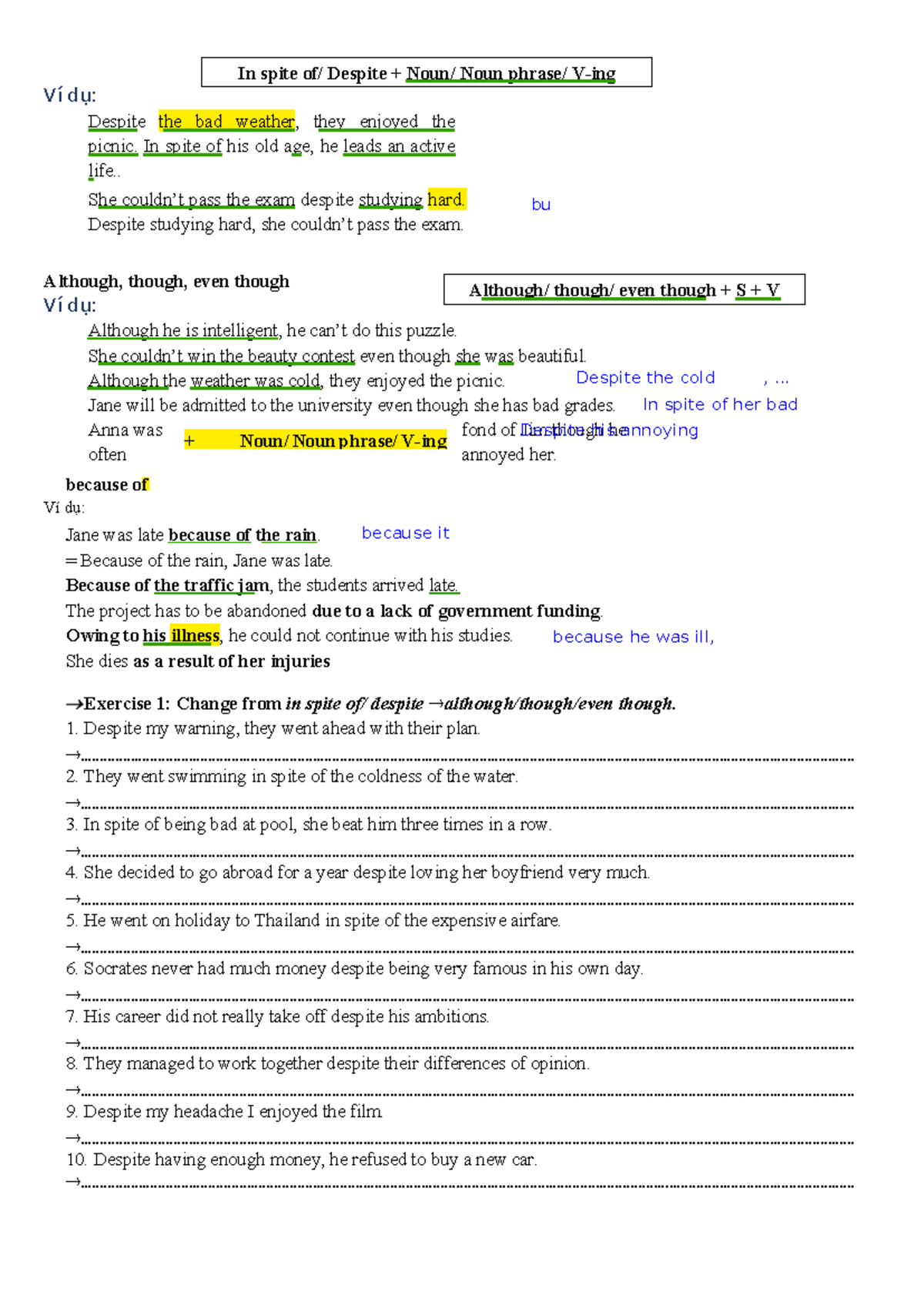 English Grammar: Although vs. Despite Exercises and Examples - Studocu