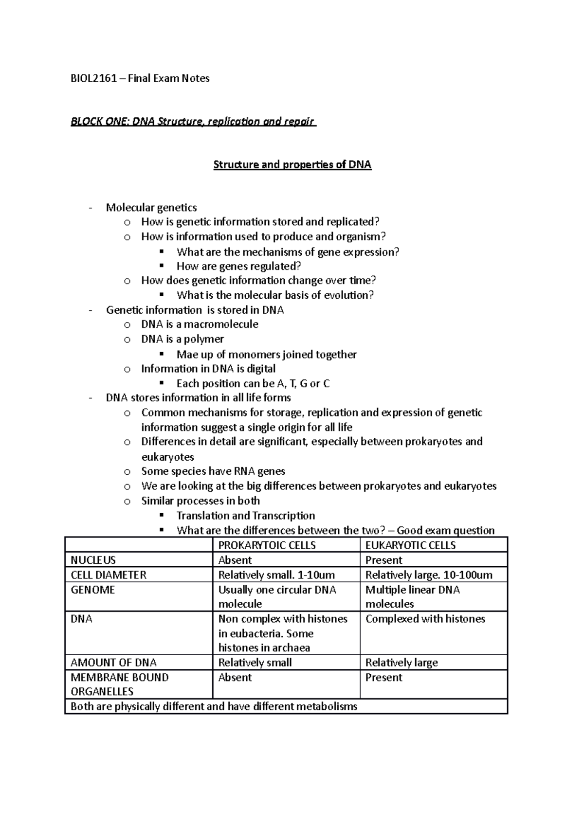 BIOL2161 – Final Exam Study Guide: DNA Replication & Gene Expression ...