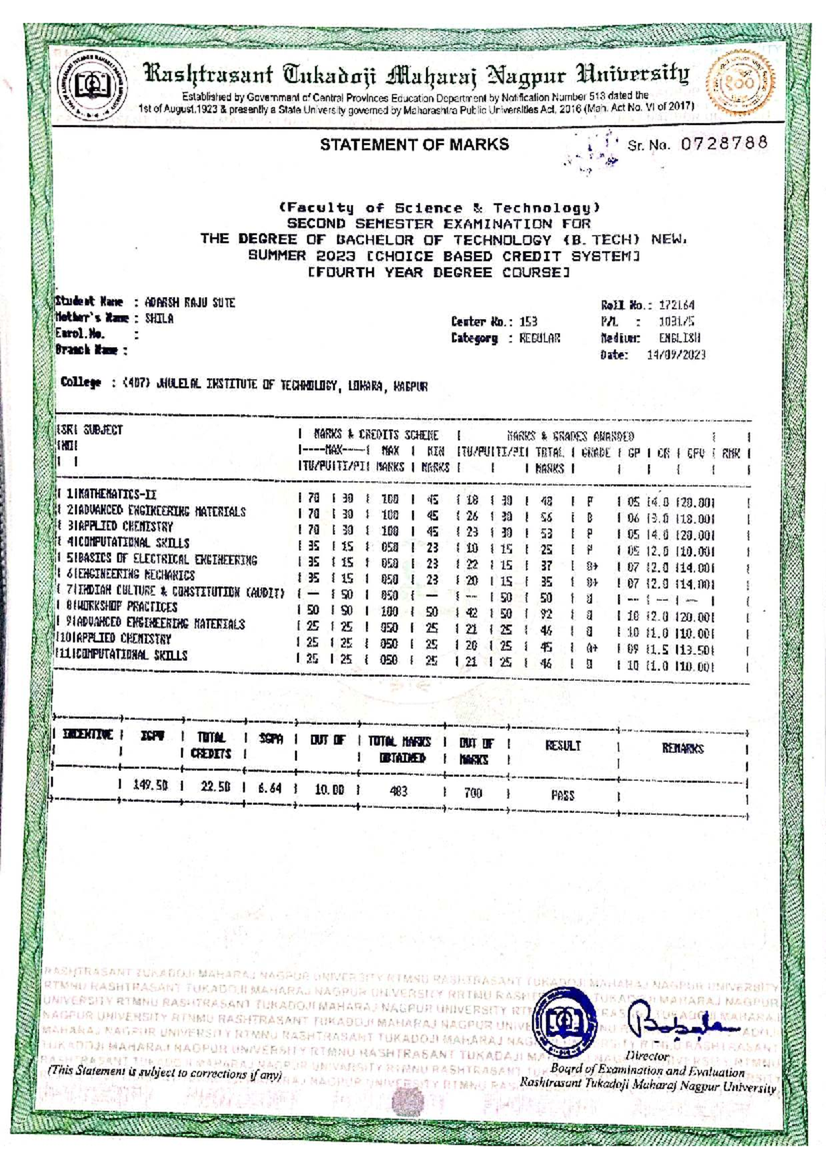 B. Tech Second Semester Marks Statement - RTMNU Summer 2023 - Studocu